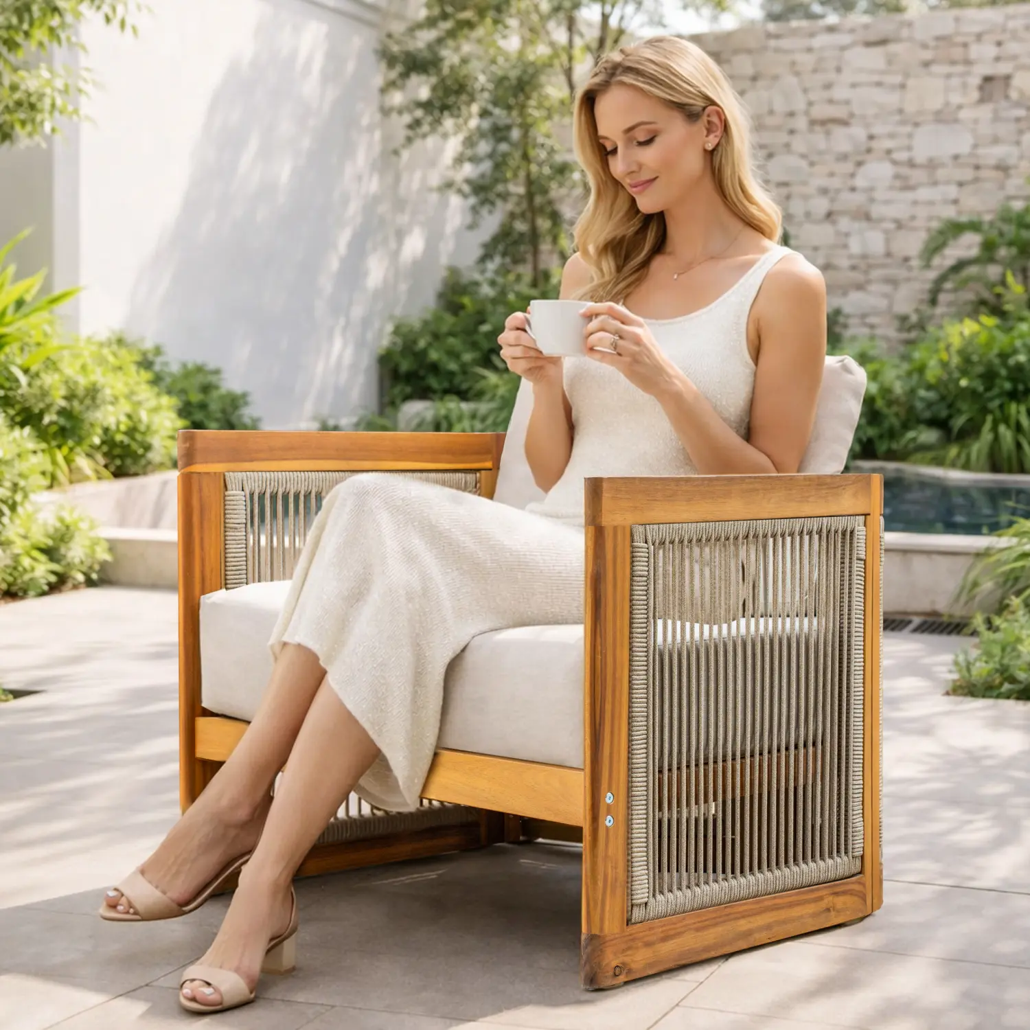 Caven Solid Wood Outdoor Armchair with Rope Detail - Image 2