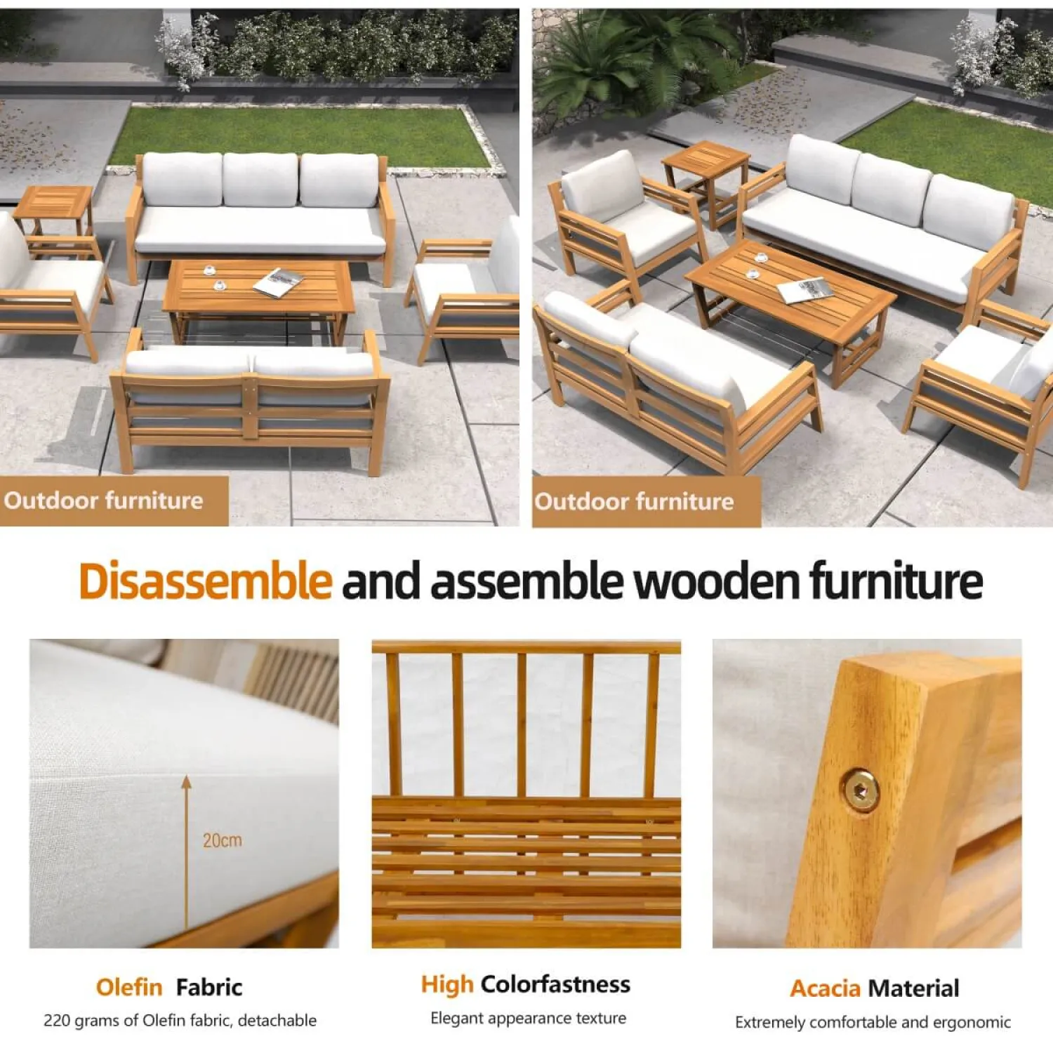 Solid Acacia Wood 2-Seater Garden Lounge Set with Teak Finish - Image 4