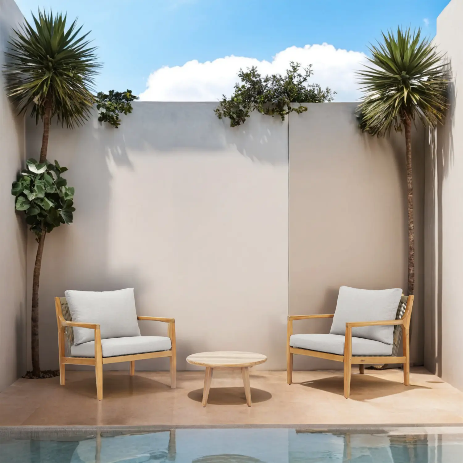 Solara 3-Piece Solid Wood Outdoor Bistro Sofa Set with Grey Rope Detail - Image 3