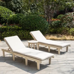 Solid Wood Sun Lounger Set with 2 Adjustable Loungers and Round Side Table, Natural