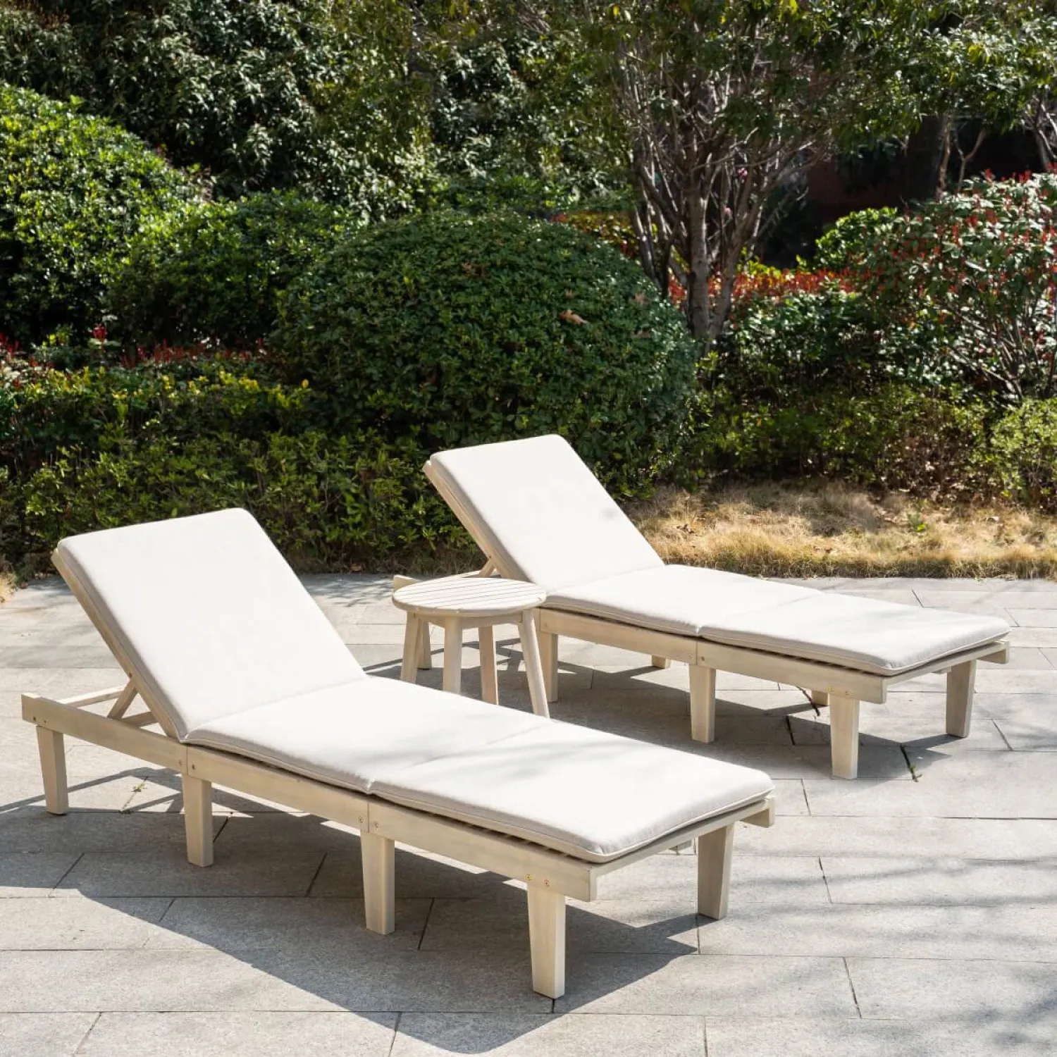 Solid Wood Sun Lounger Set with 2 Adjustable Loungers and Round Side Table, Natural