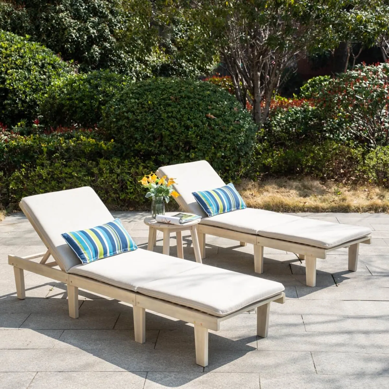Solid Wood Sun Lounger Set with 2 Adjustable Loungers and Round Side Table, Natural - Image 2