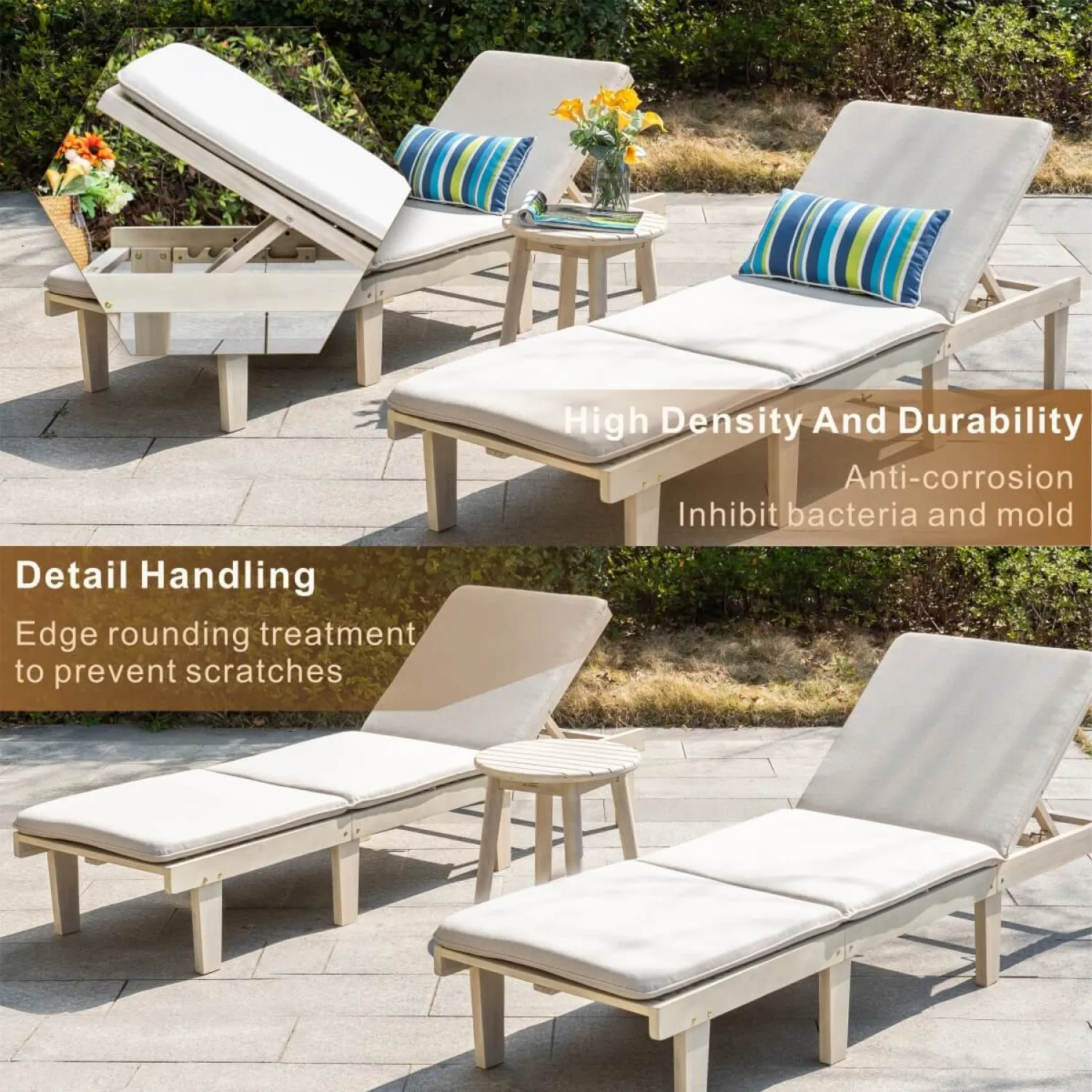 Solid Wood Sun Lounger Set with 2 Adjustable Loungers and Round Side Table, Natural - Image 3