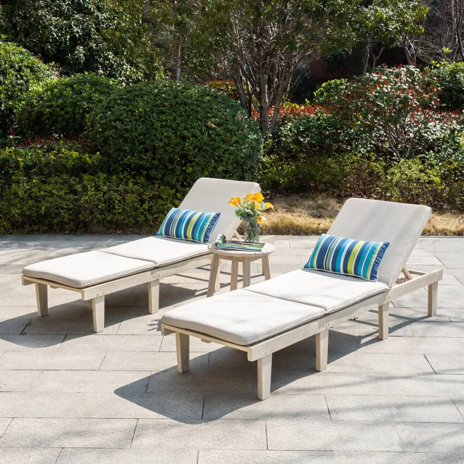 Solid Wood Sun Lounger Set with 2 Adjustable Loungers and Round Side Table, Natural - Image 8