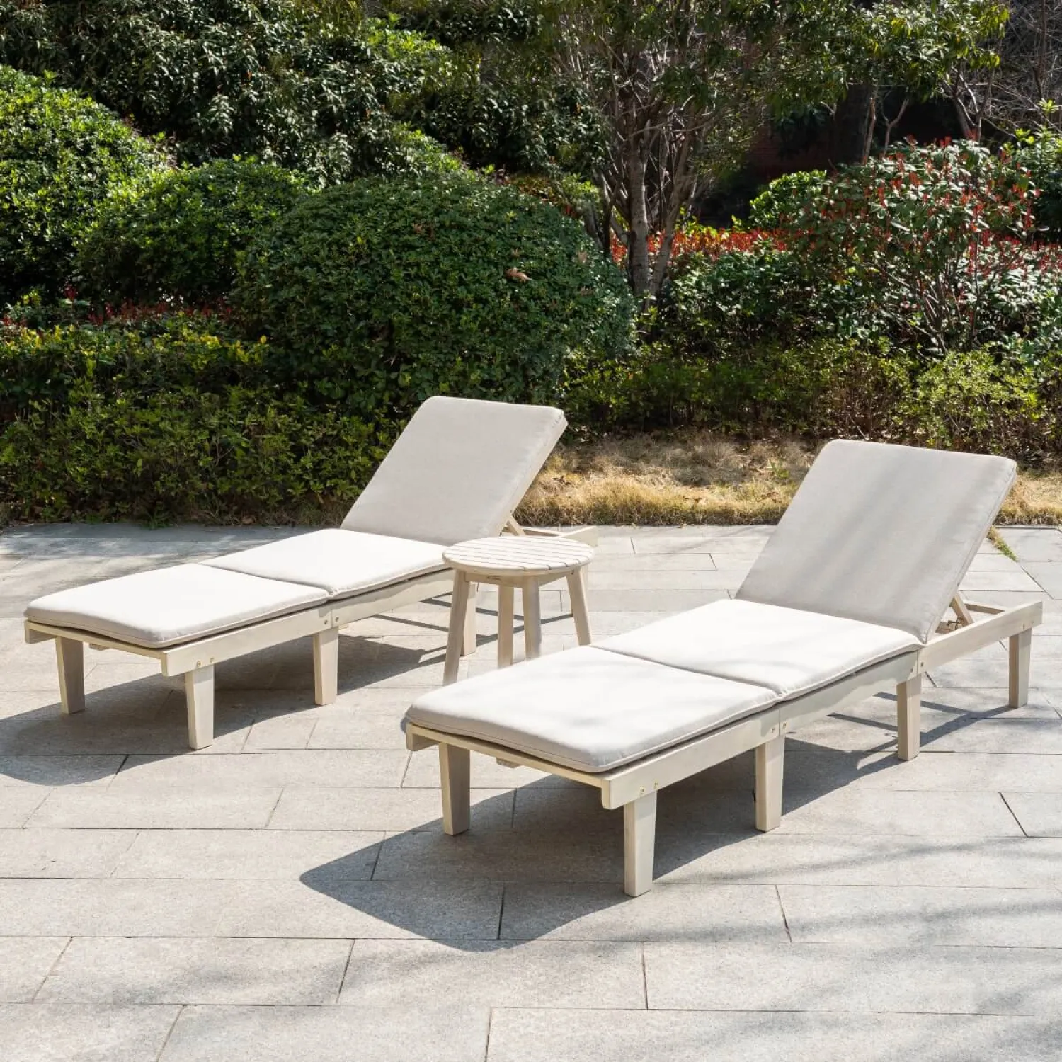 Solid Wood Sun Lounger Set with 2 Adjustable Loungers and Round Side Table, Natural - Image 10