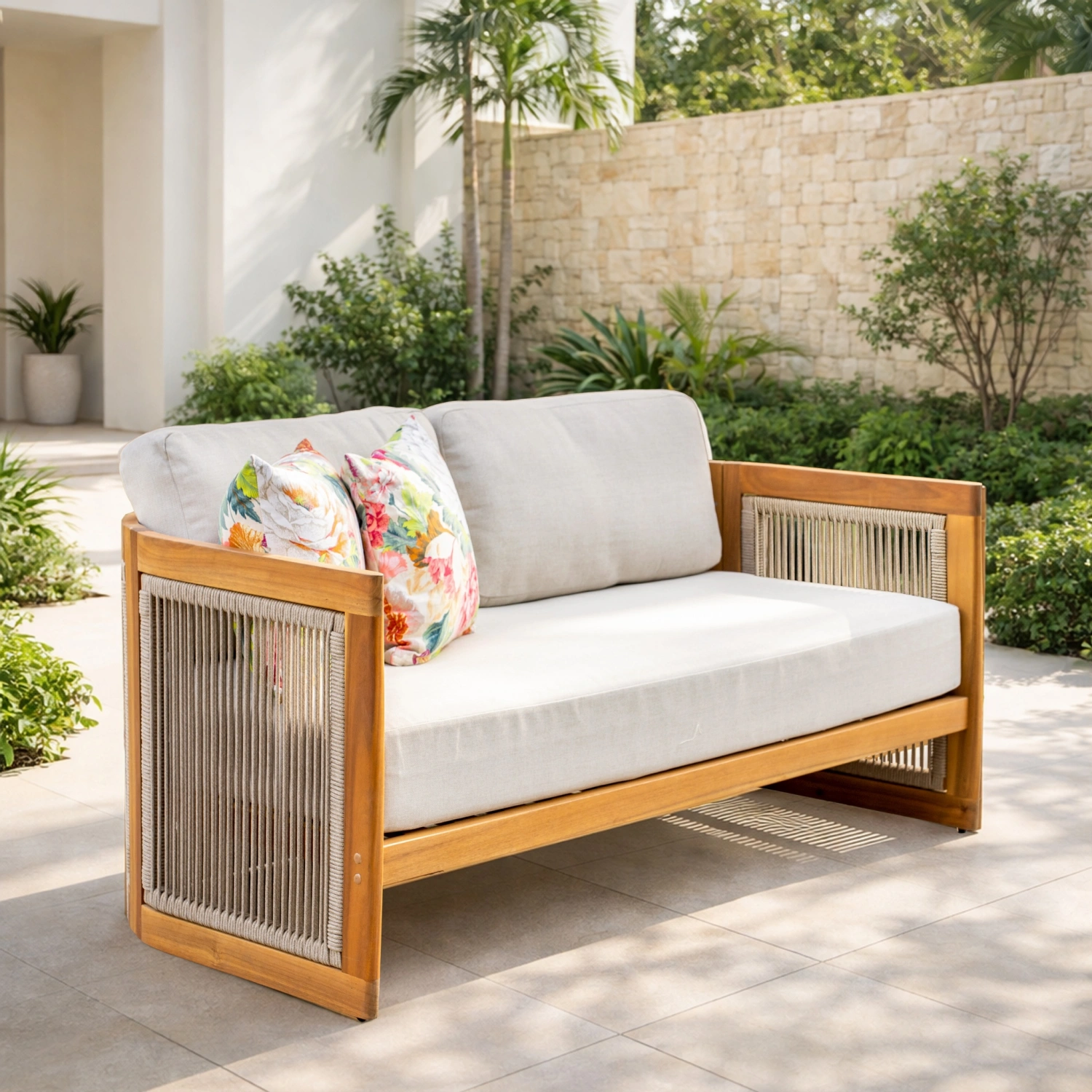 Caven Solid Wood 2-Seater Garden Sofa with Rope Detail - Image 2