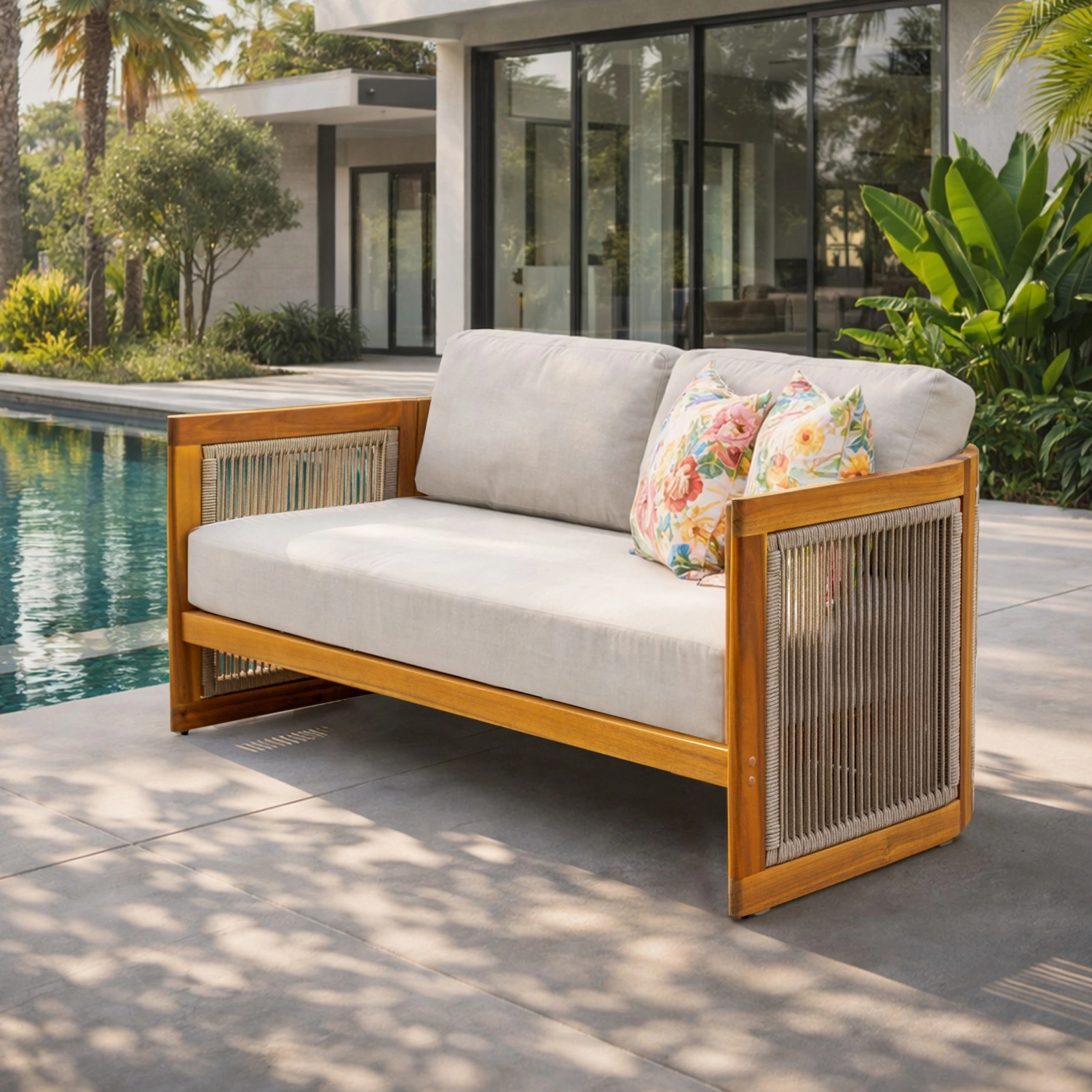 Caven Solid Wood 2-Seater Garden Sofa with Rope Detail - Image 3