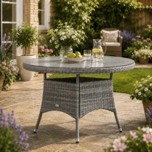 Aluminium and Rattan 4 Seater Round Garden Dining Table with Glass Top & Parasol Hole - Grey