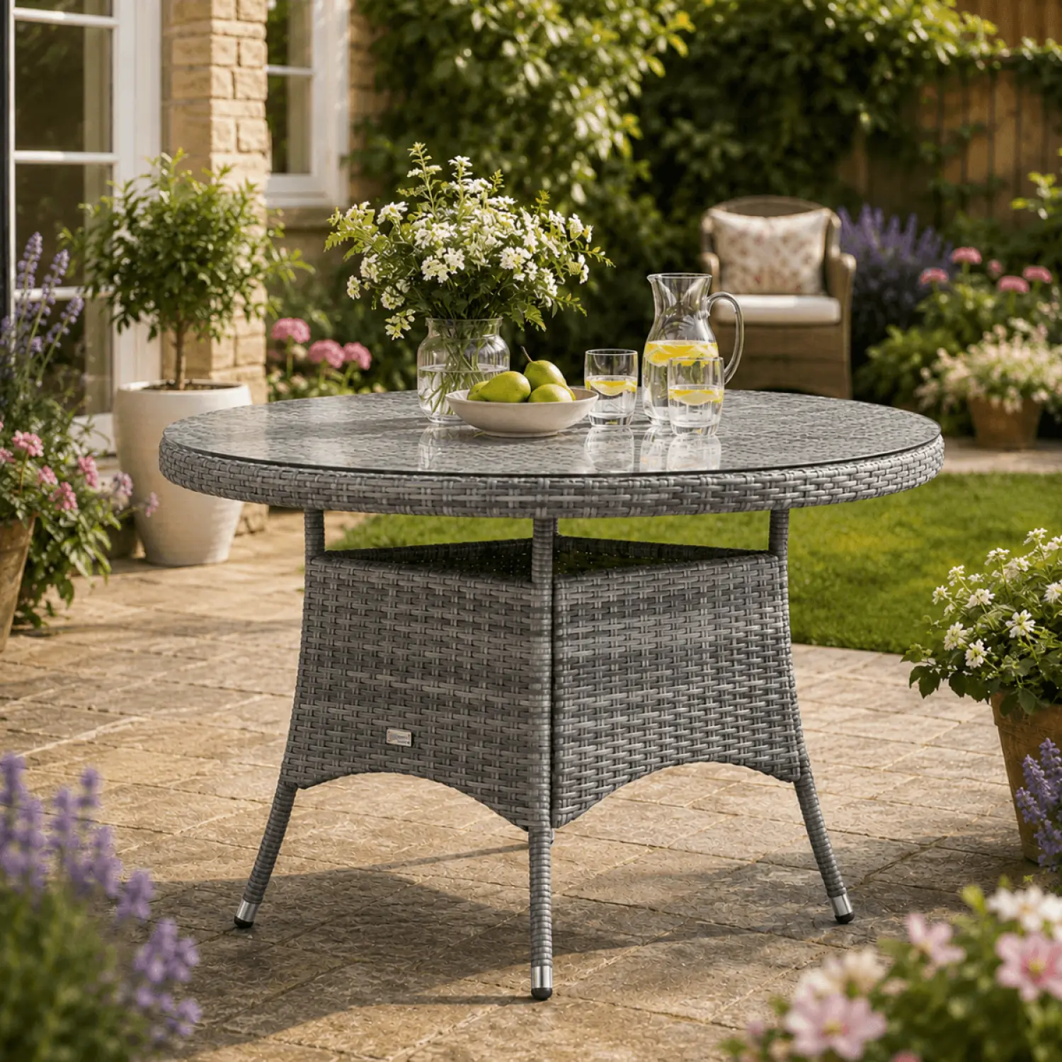 Aluminium and Rattan 4 Seater Round Garden Dining Table with Glass Top & Parasol Hole - Grey