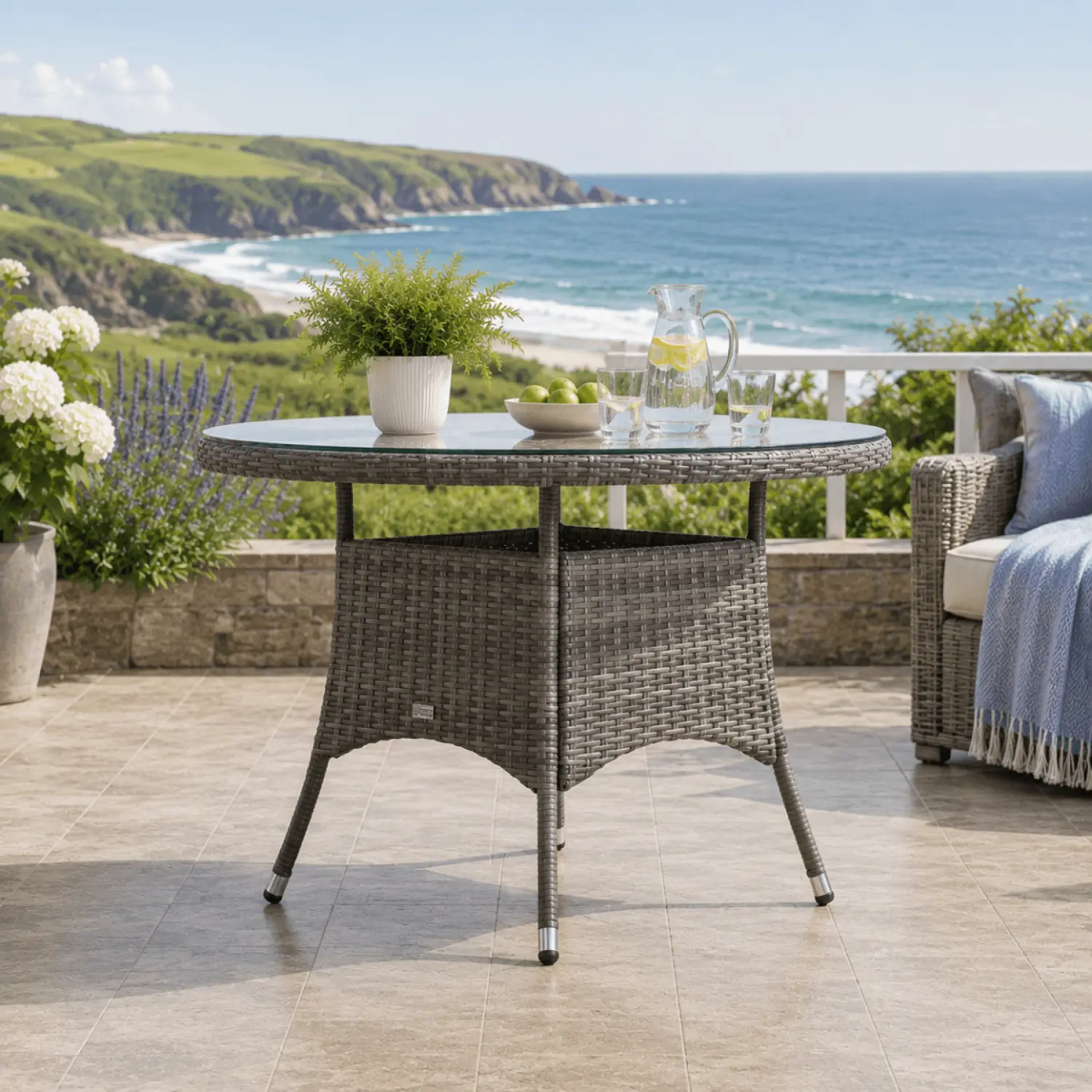 Aluminium and Rattan 4 Seater Round Garden Dining Table with Glass Top & Parasol Hole - Grey - Image 2