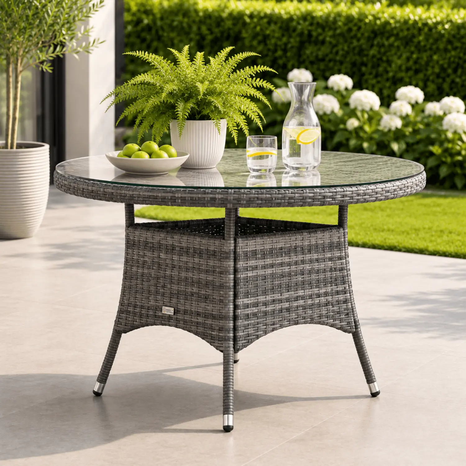 Aluminium and Rattan 4 Seater Round Garden Dining Table with Glass Top & Parasol Hole - Grey - Image 3