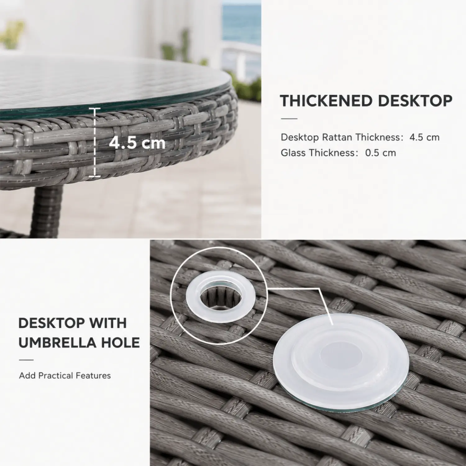 Aluminium and Rattan 4 Seater Round Garden Dining Table with Glass Top & Parasol Hole - Grey - Image 4