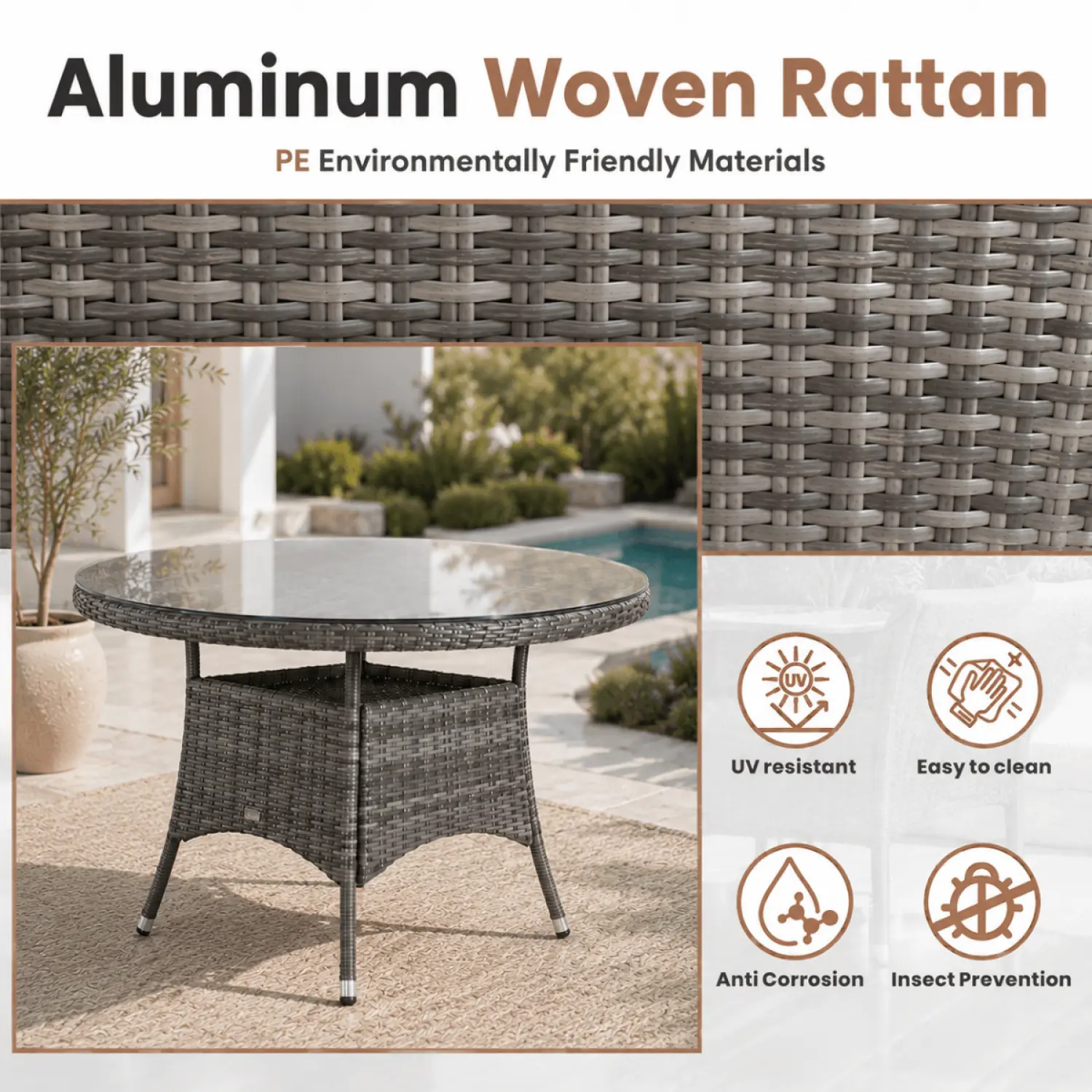 Aluminium and Rattan 4 Seater Round Garden Dining Table with Glass Top & Parasol Hole - Grey - Image 5