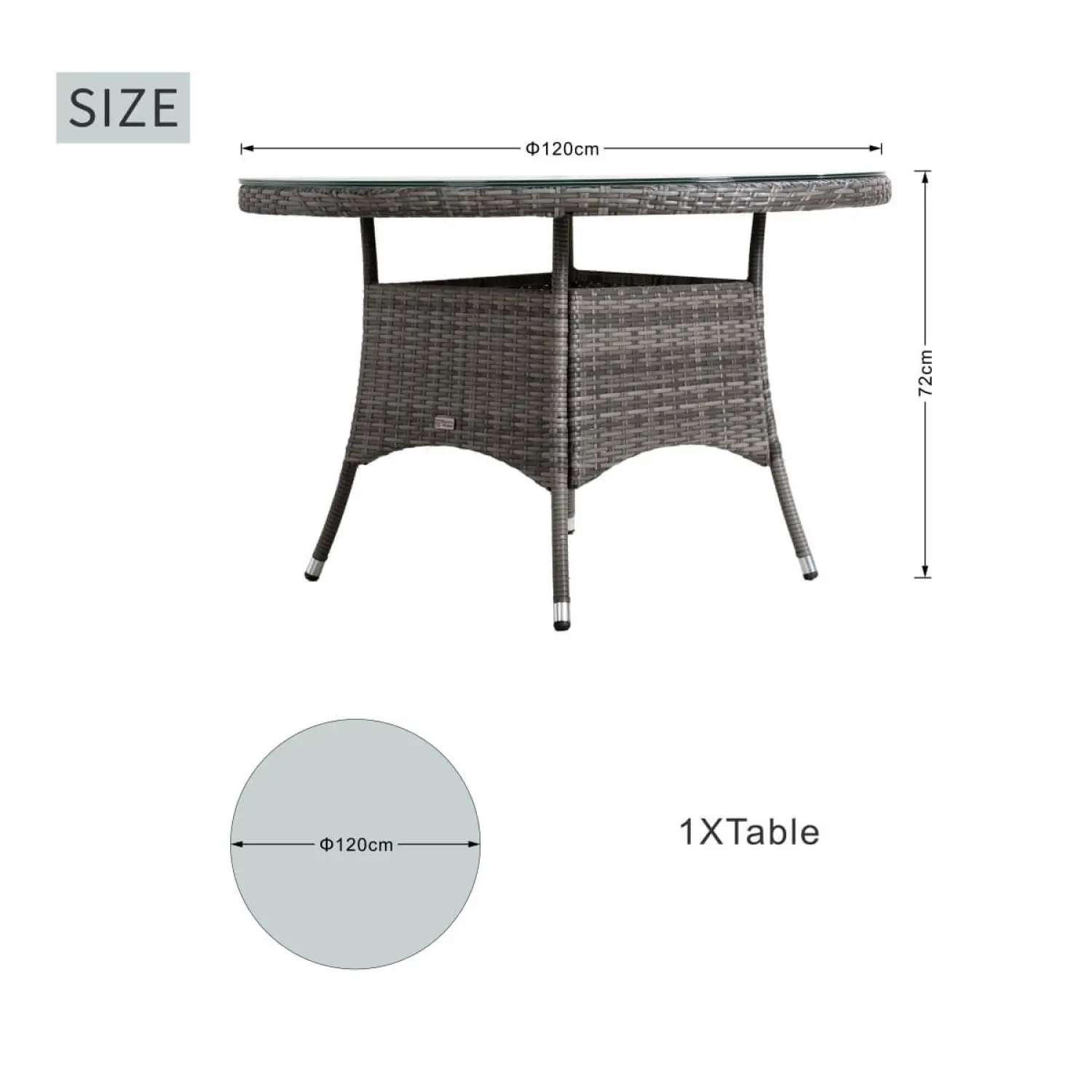 Aluminium and Rattan 4 Seater Round Garden Dining Table with Glass Top & Parasol Hole - Grey - Image 7