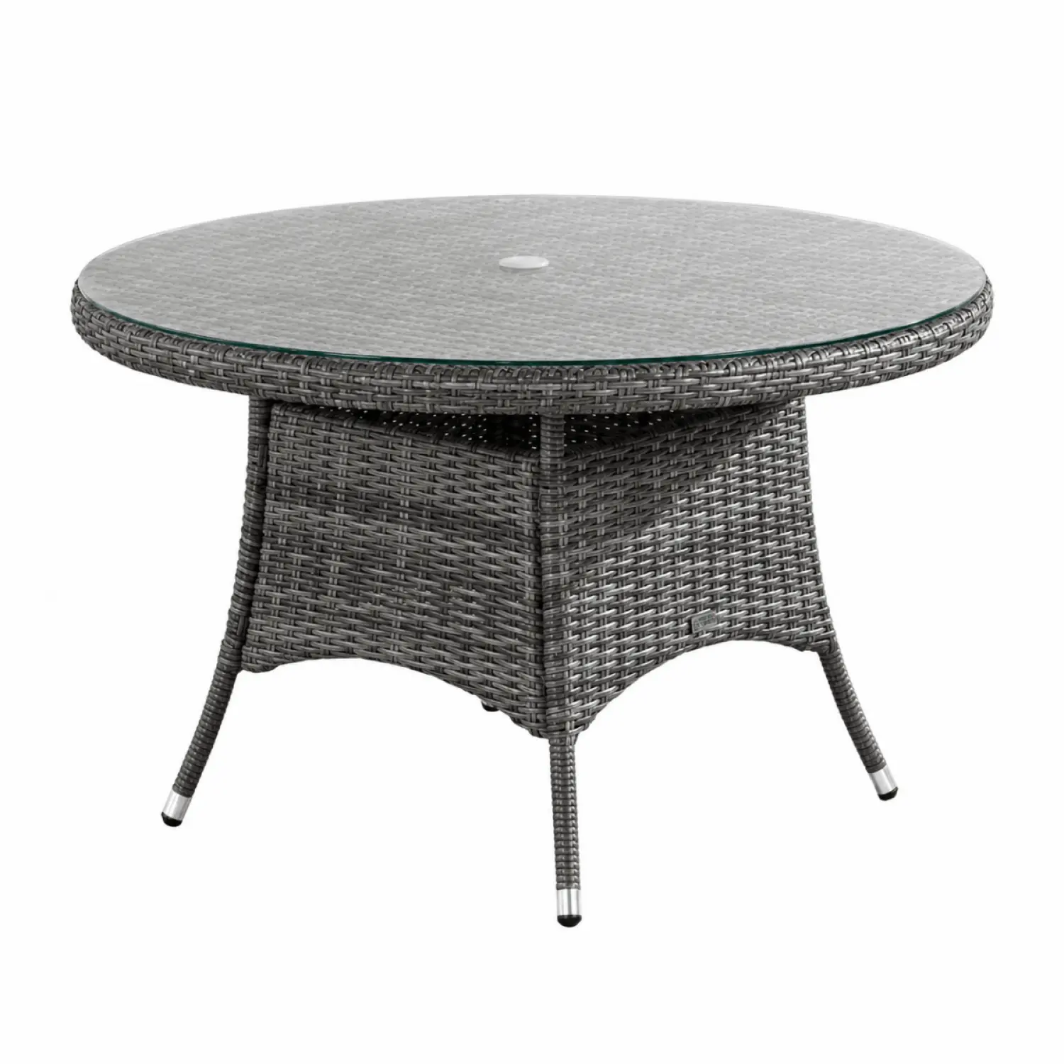 Aluminium and Rattan 4 Seater Round Garden Dining Table with Glass Top & Parasol Hole - Grey - Image 8