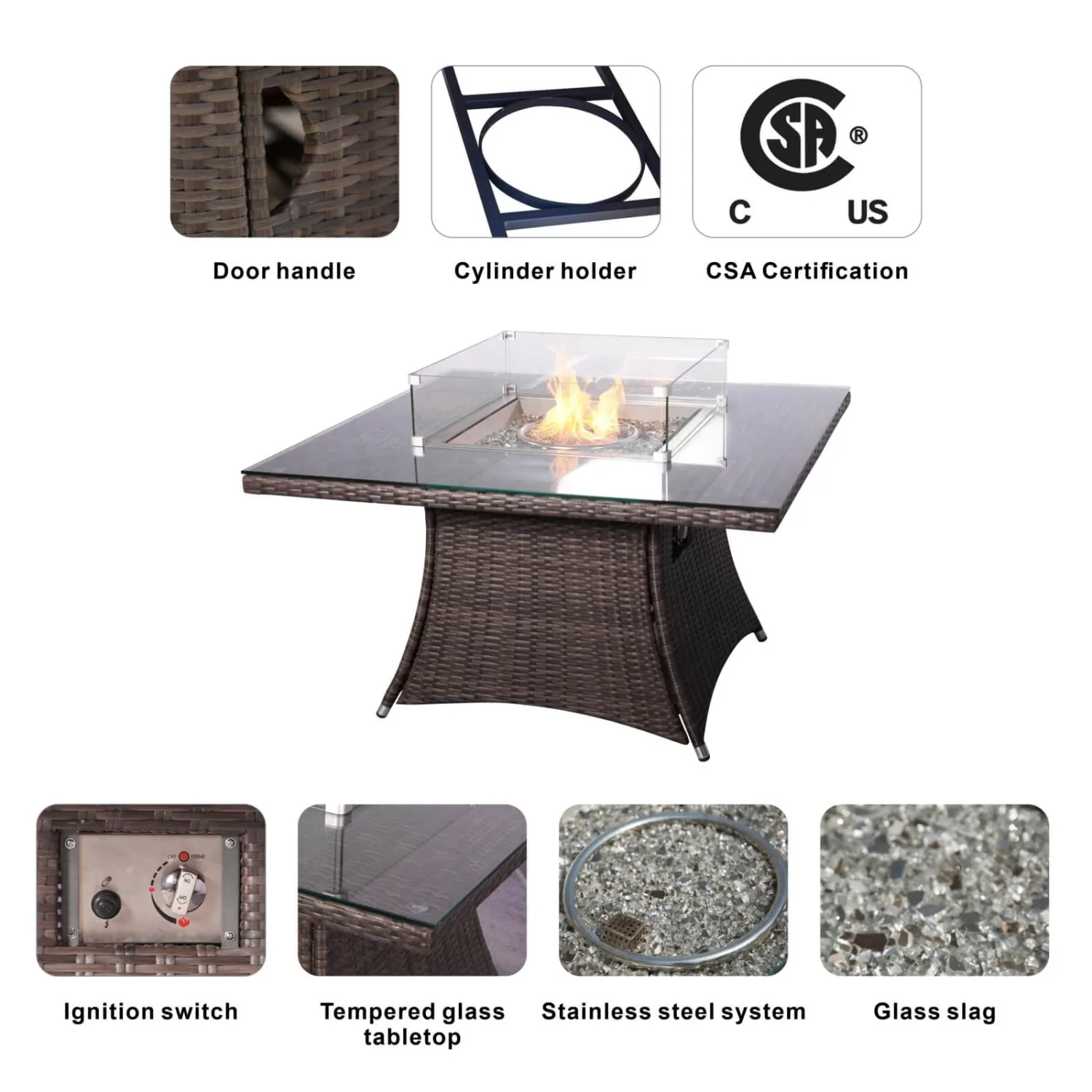 120cm Square Gas Fire Pit Table with Rattan Base and Aluminium Top - Image 2
