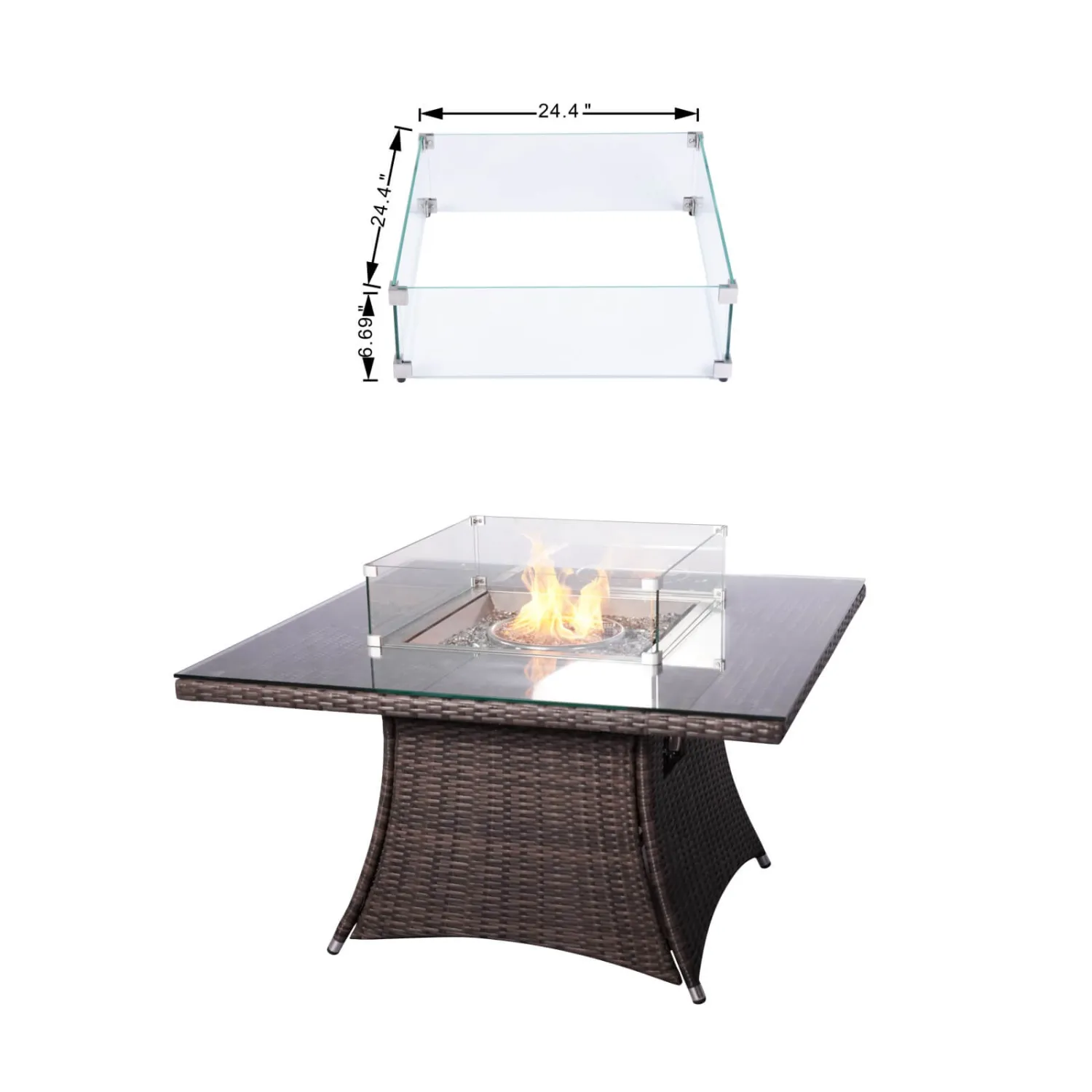 120cm Square Gas Fire Pit Table with Rattan Base and Aluminium Top - Image 3
