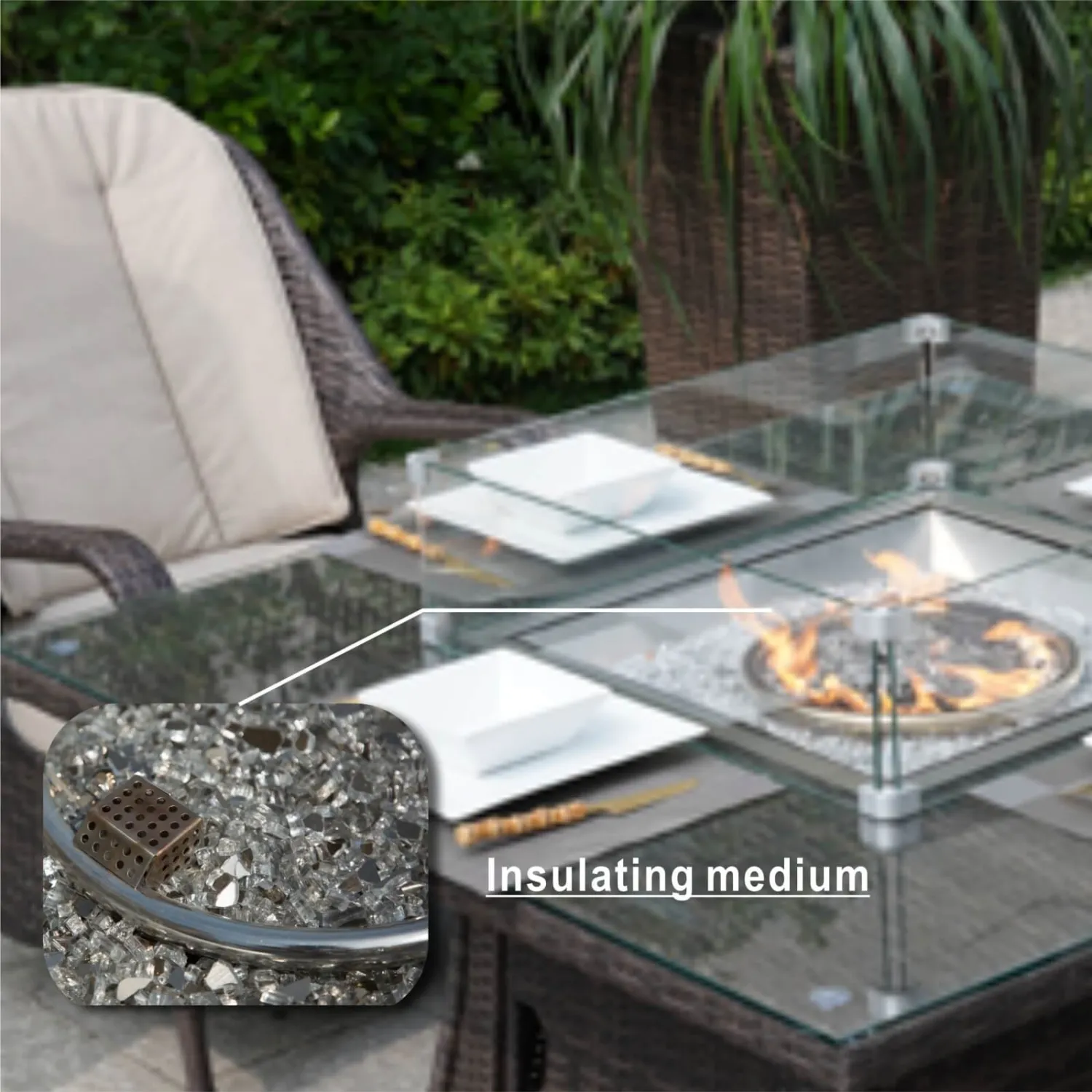 120cm Square Gas Fire Pit Table with Rattan Base and Aluminium Top - Image 4