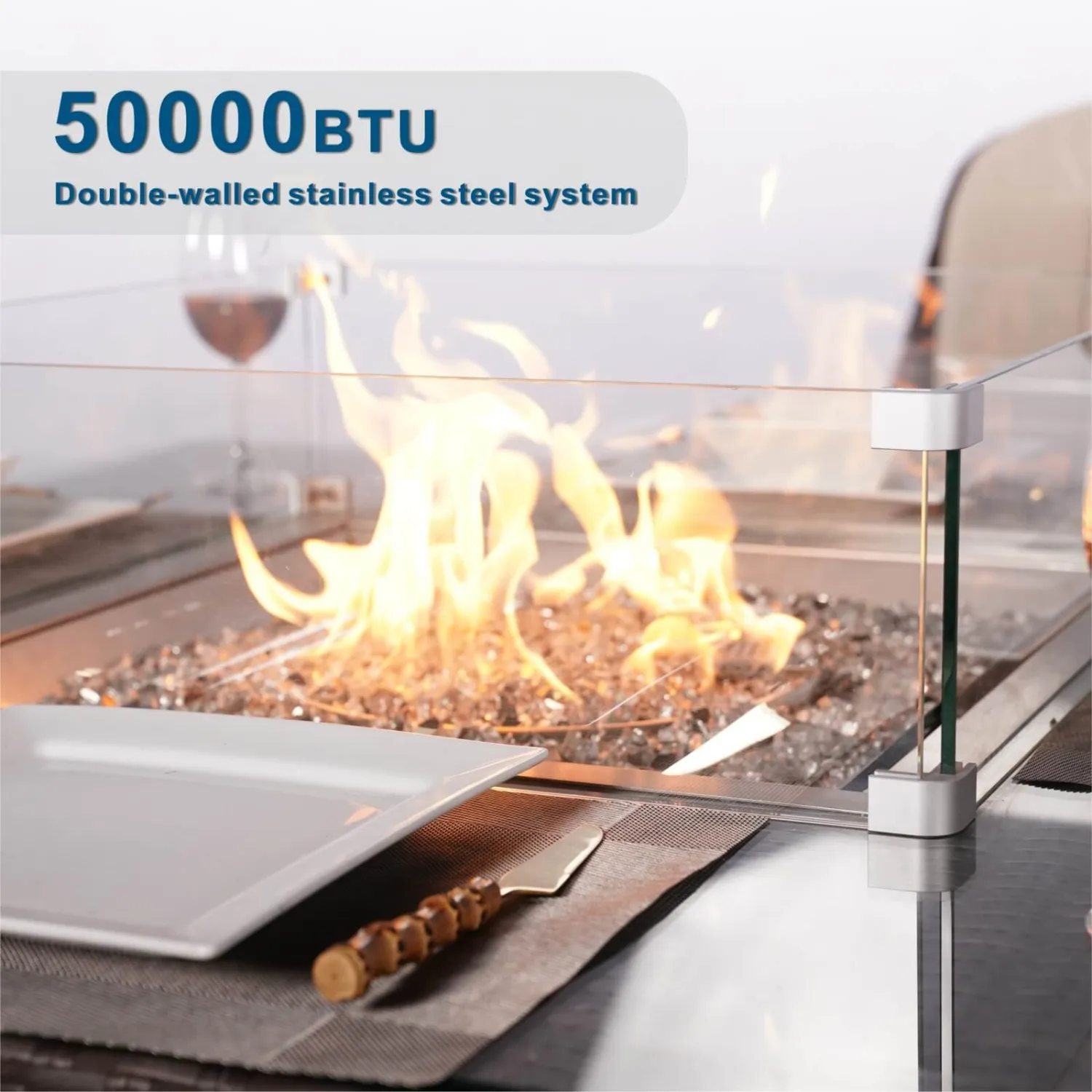 120cm Square Gas Fire Pit Table with Rattan Base and Aluminium Top - Image 6