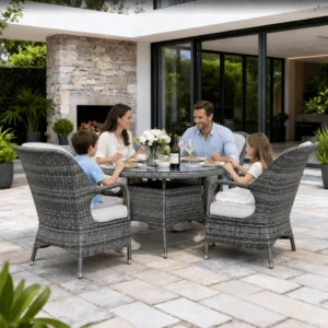 Palma Rattan Outdoor Dining Set, 4 Seater Set, in Grey, with a Round Table & Tempered Glass Top