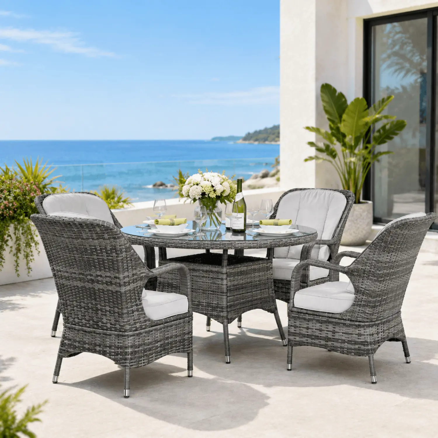 Palma Rattan Outdoor Dining Set, 4 Seater Set, in Grey, with a Round Table & Tempered Glass Top - Image 2