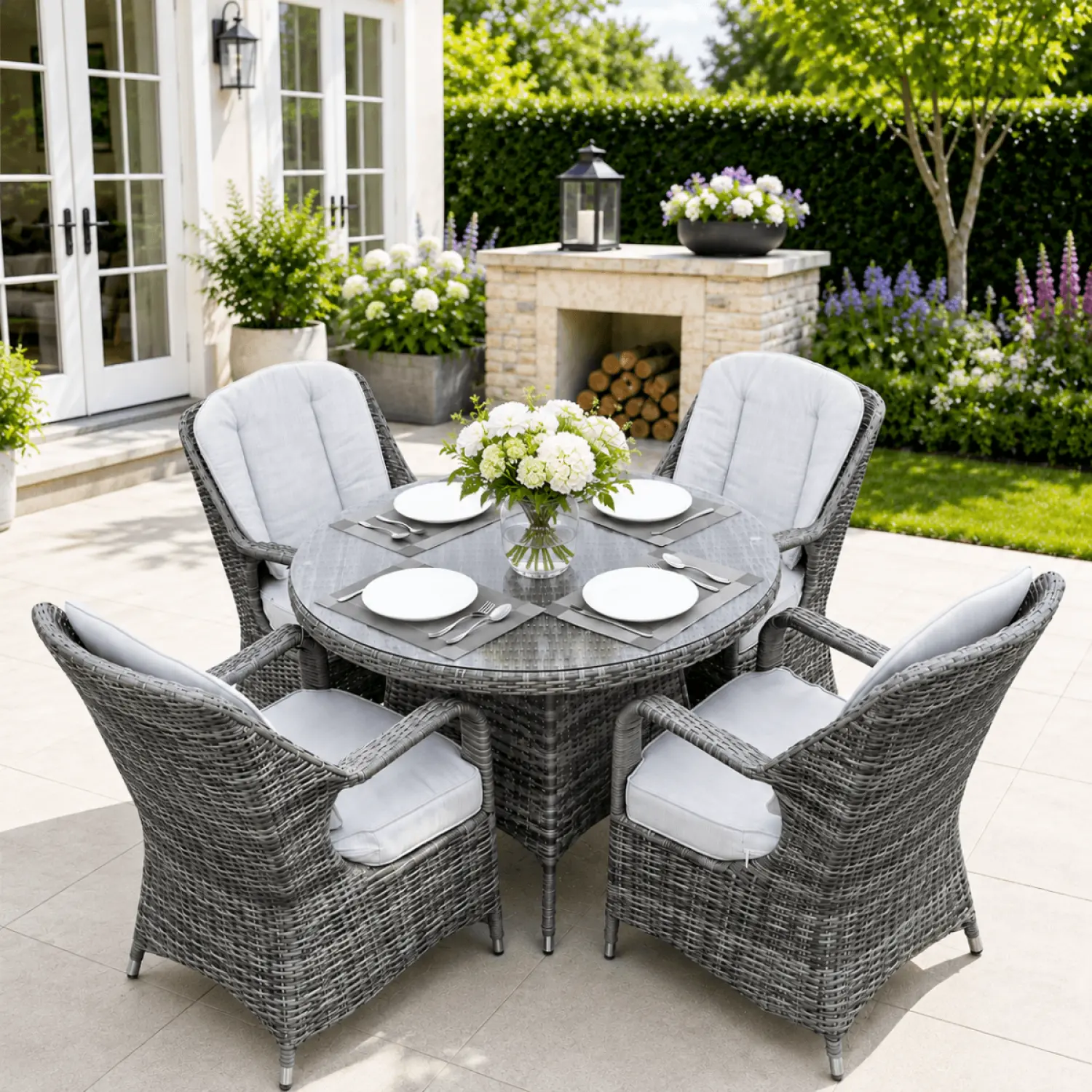 Palma Rattan Outdoor Dining Set, 4 Seater Set, in Grey, with a Round Table & Tempered Glass Top - Image 3