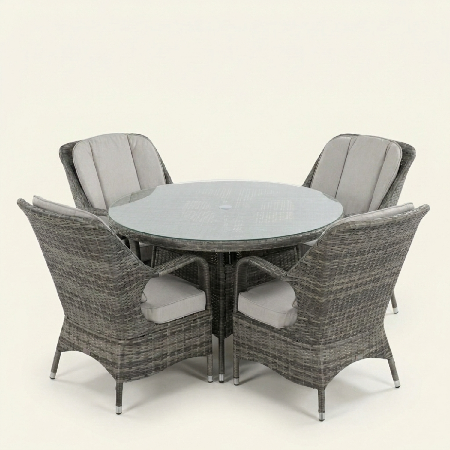 Palma Rattan Outdoor Dining Set, 4 Seater Set, in Grey, with a Round Table & Tempered Glass Top - Image 8