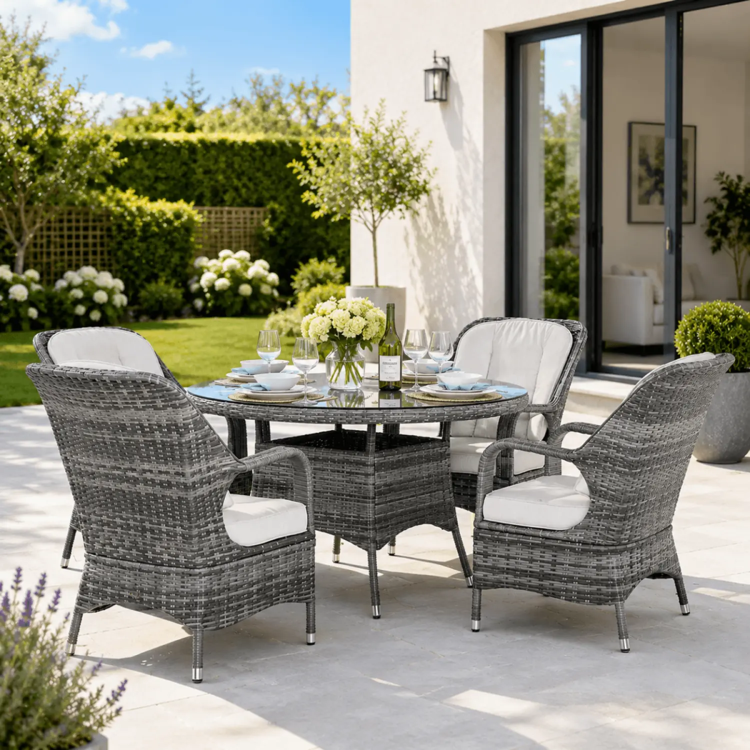 Palma Rattan Outdoor Dining Set, 4 Seater Set, in Grey, with a Round Table & Tempered Glass Top - Image 9