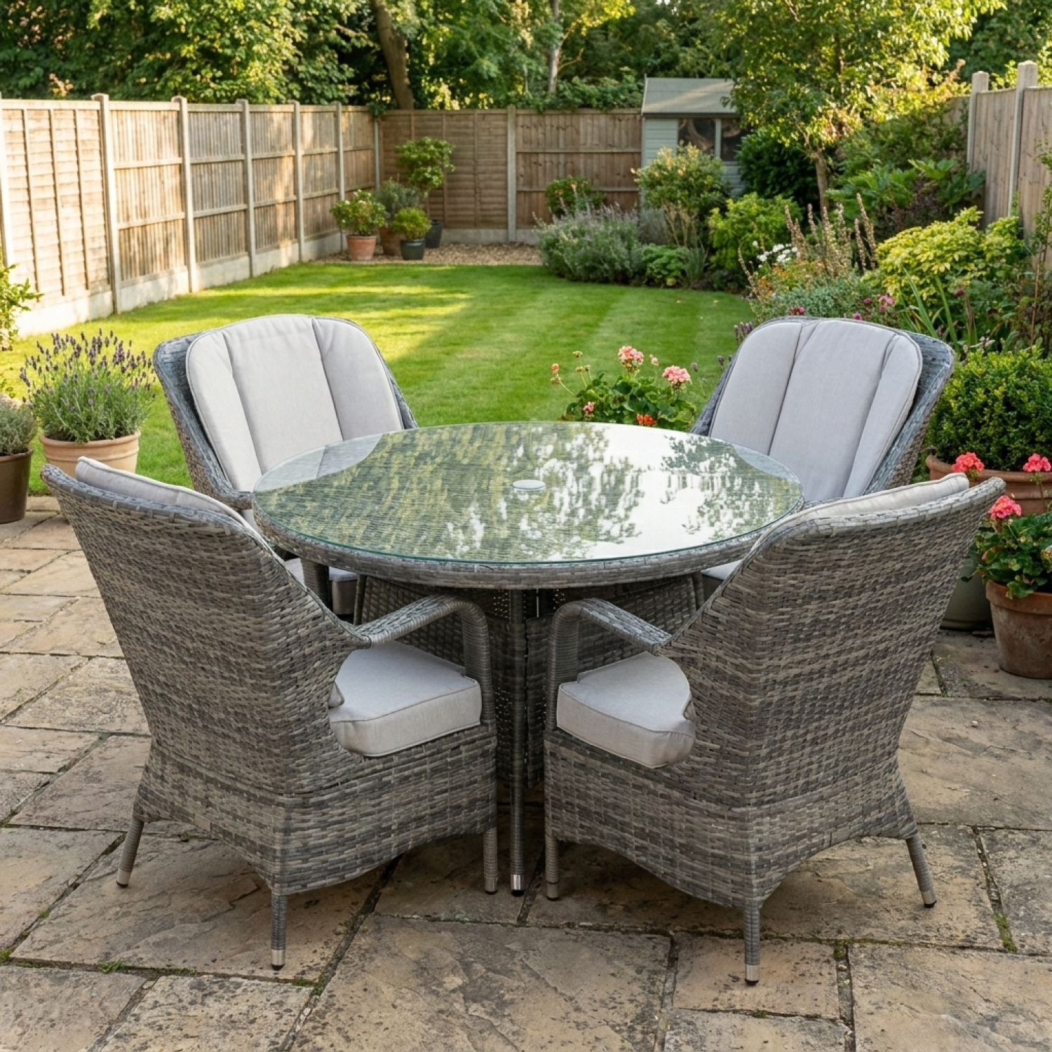 Palma Rattan Outdoor Dining Set, 4 Seater Set, in Grey, with a Round Table & Tempered Glass Top - Image 10