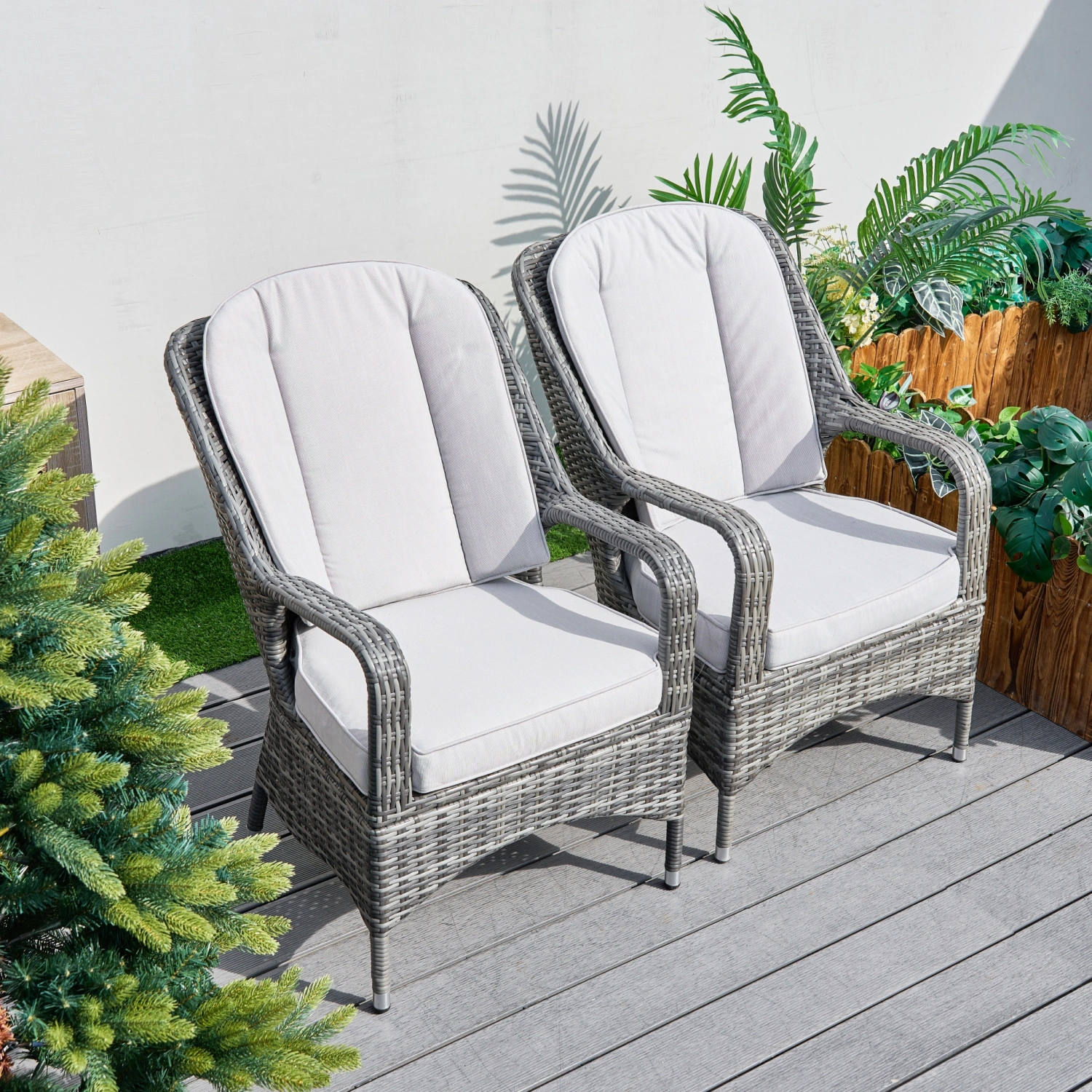 Saint-Malo Set of 2 Grey Rattan Garden Dining Armchairs with Cushions - Image 2
