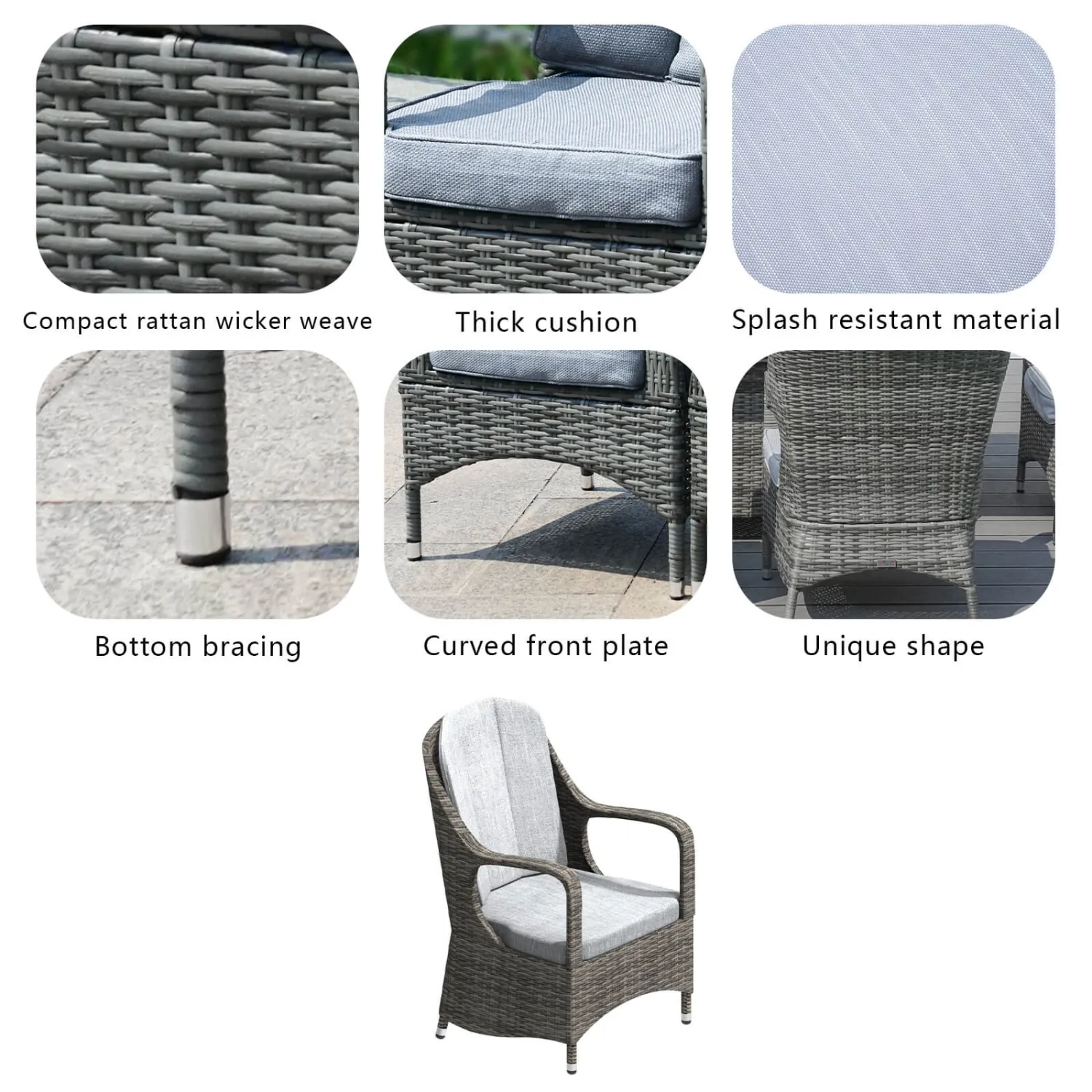 Saint-Malo Set of 2 Grey Rattan Garden Dining Armchairs with Cushions - Image 4