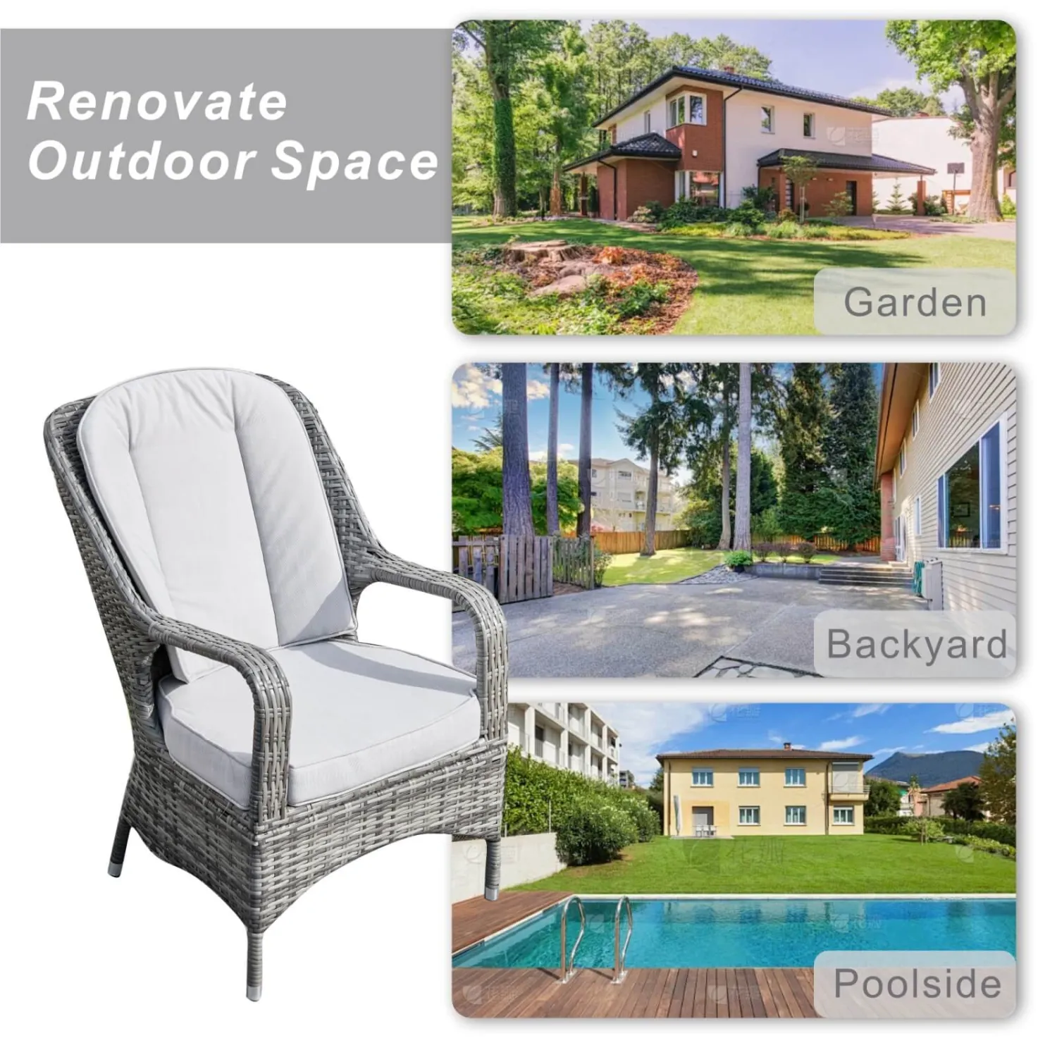 Saint-Malo Set of 2 Grey Rattan Garden Dining Armchairs with Cushions - Image 8