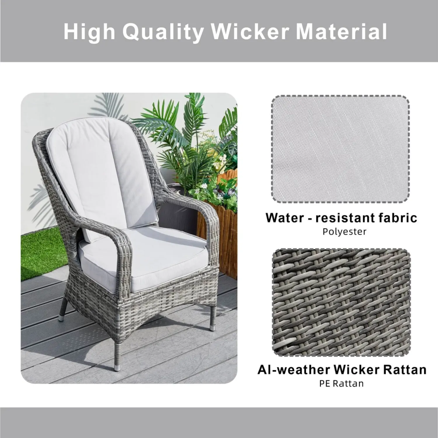 Saint-Malo Set of 2 Grey Rattan Garden Dining Armchairs with Cushions - Image 9
