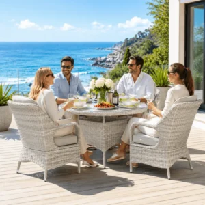 4 Seater Rattan Garden Dining Set with Round Glass Table - Whitewash