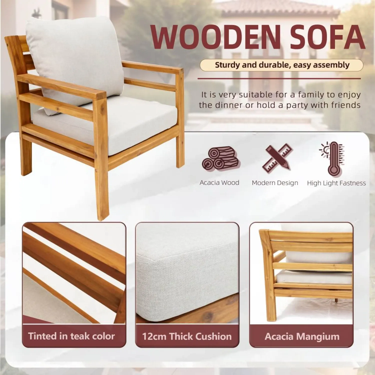 Acacia Wood 2-Seater Garden Bistro Set with Cushions - Teak Finish - Image 3