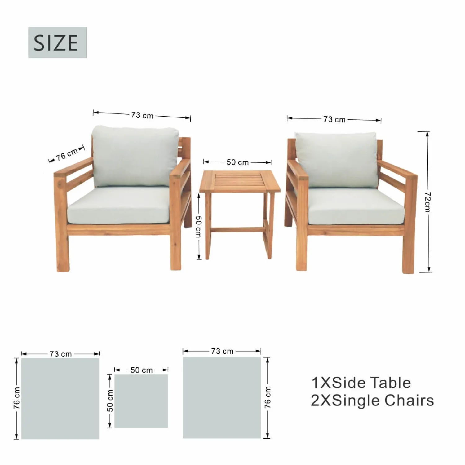 Acacia Wood 2-Seater Garden Bistro Set with Cushions - Teak Finish - Image 6