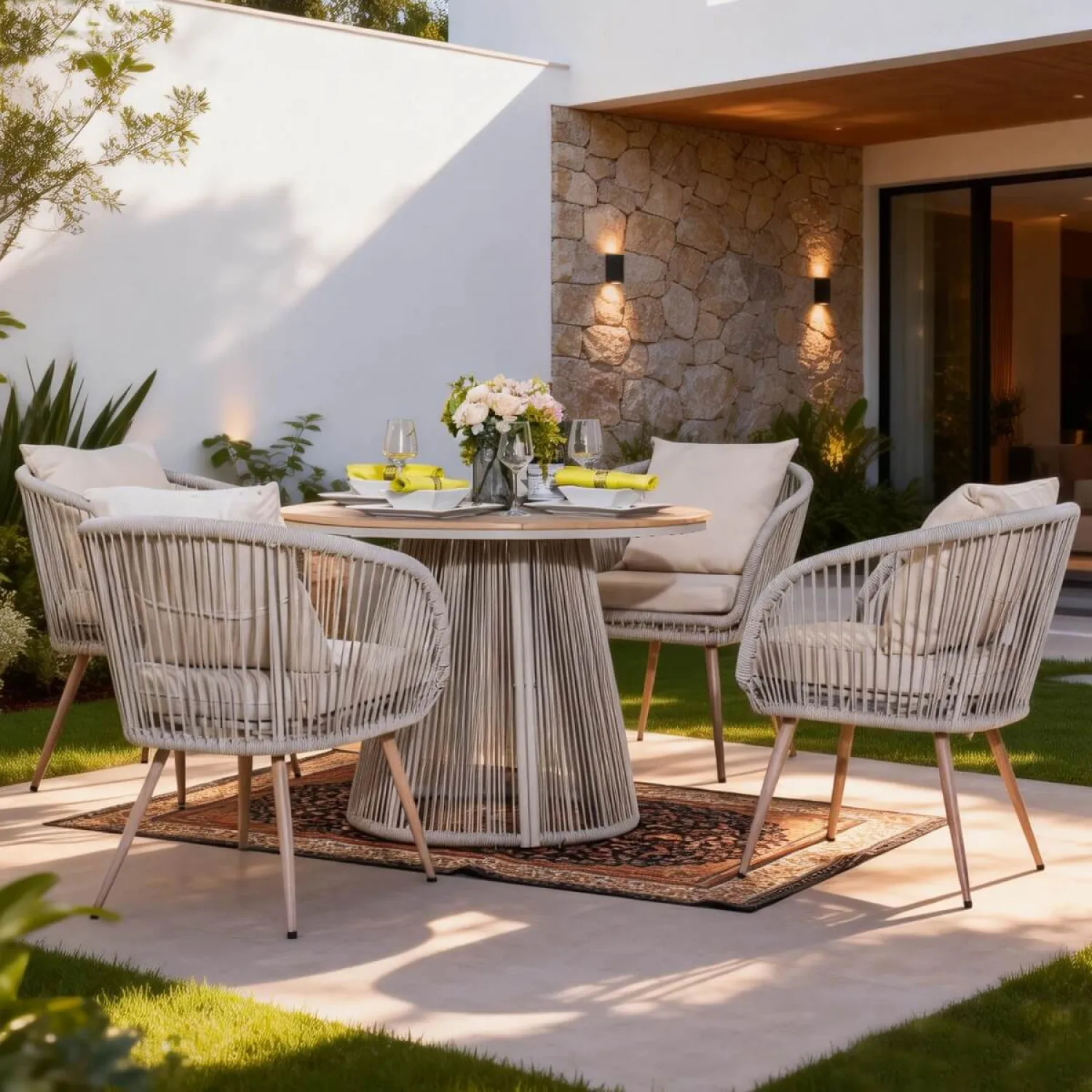 Rattan and Metal Outdoor Dining Set, 4 Seater Set, in Natural, with a Round Table & Wood-Effect Top