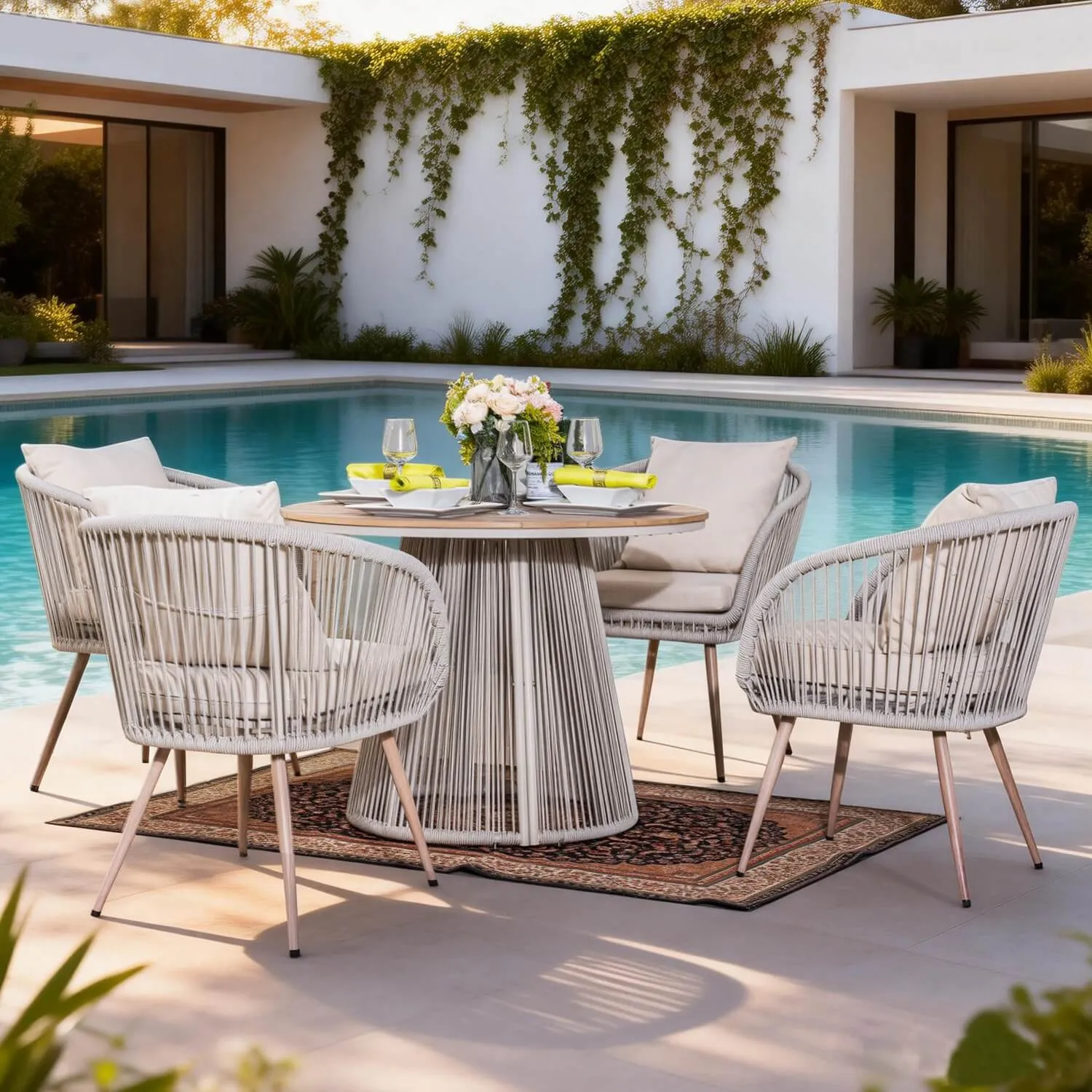 Rattan and Metal Outdoor Dining Set, 4 Seater Set, in Natural, with a Round Table & Wood-Effect Top - Image 2