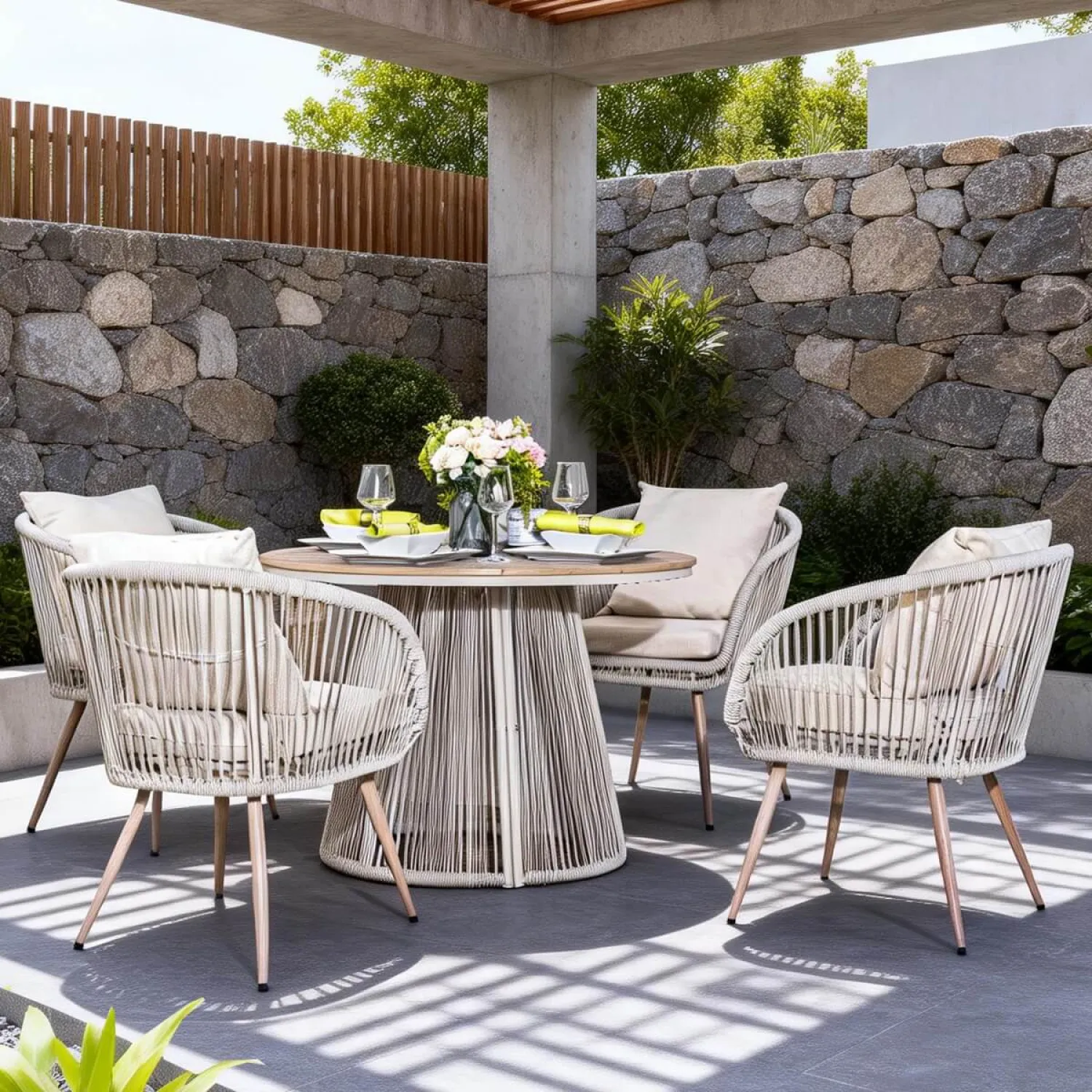 Rattan and Metal Outdoor Dining Set, 4 Seater Set, in Natural, with a Round Table & Wood-Effect Top - Image 3