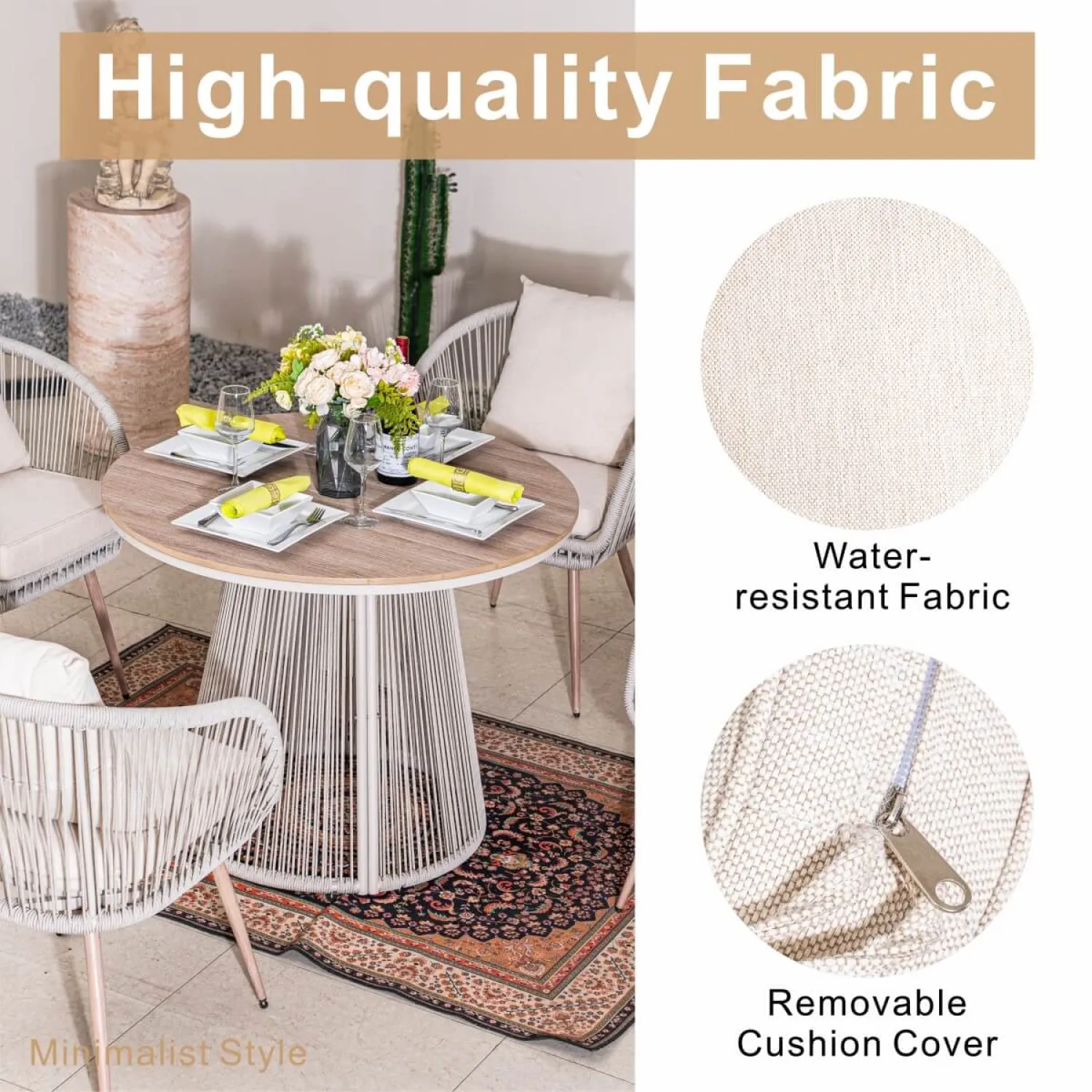 Rattan and Metal Outdoor Dining Set, 4 Seater Set, in Natural, with a Round Table & Wood-Effect Top - Image 4