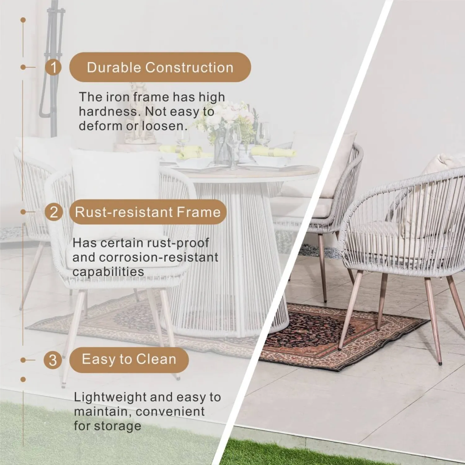 Rattan and Metal Outdoor Dining Set, 4 Seater Set, in Natural, with a Round Table & Wood-Effect Top - Image 7