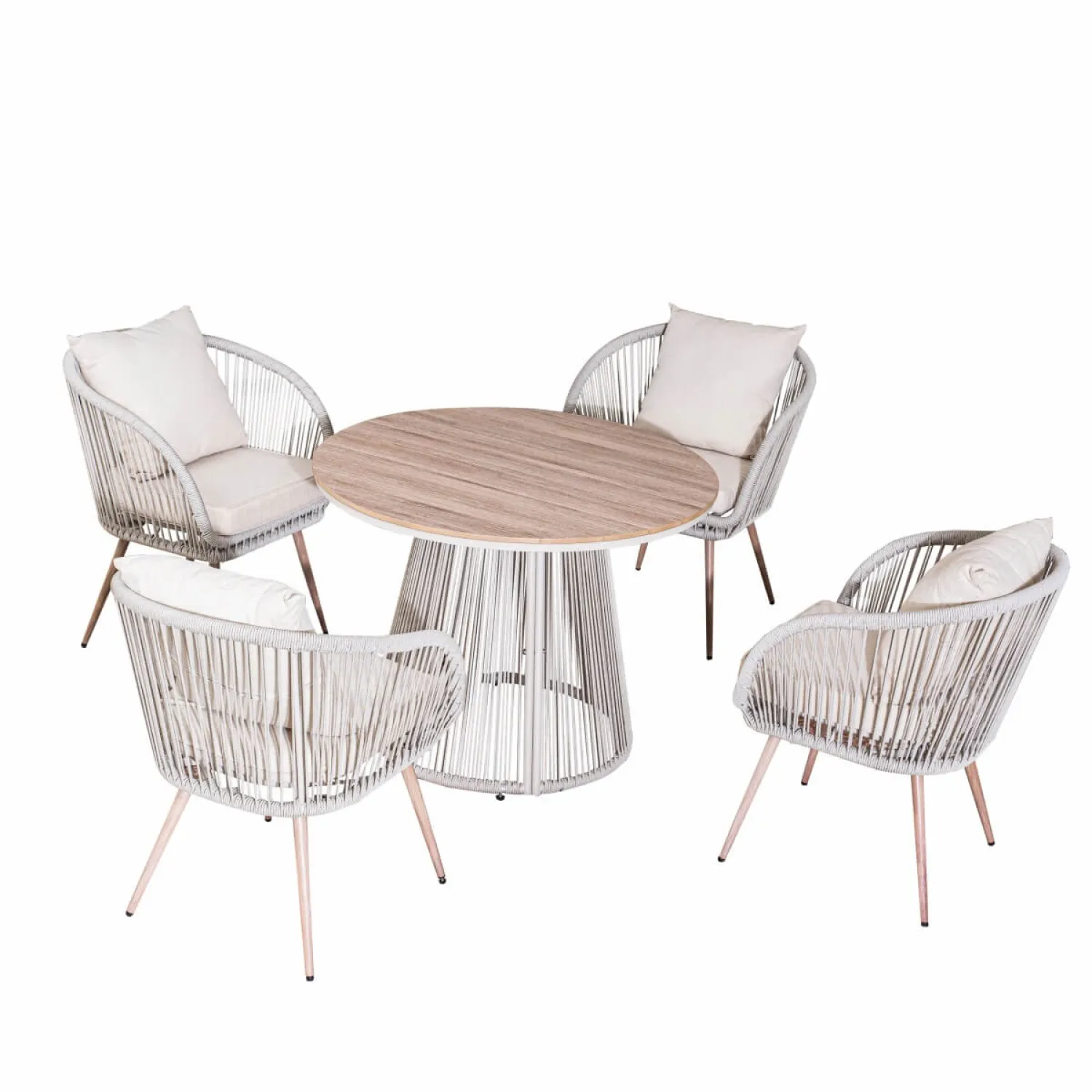 Rattan and Metal Outdoor Dining Set, 4 Seater Set, in Natural, with a Round Table & Wood-Effect Top - Image 8