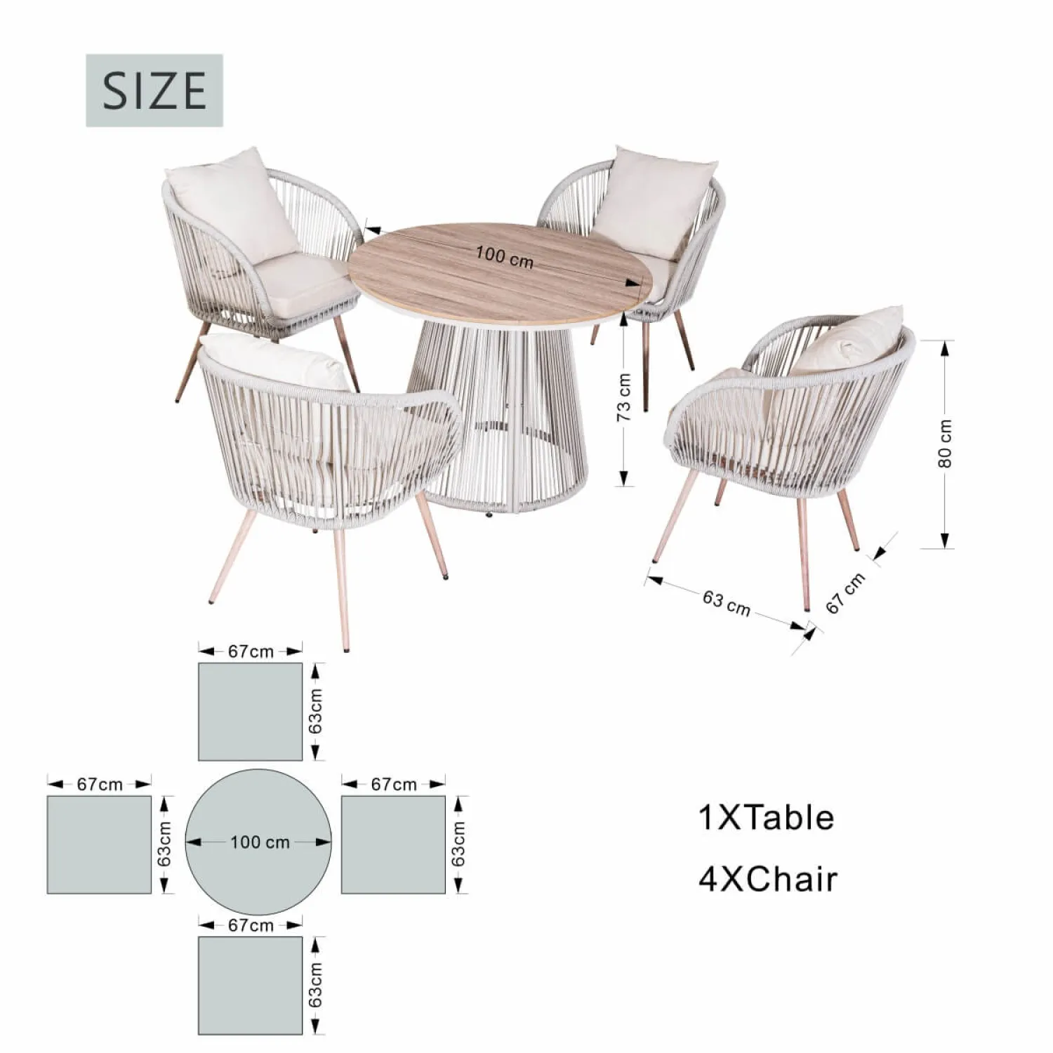 Rattan and Metal Outdoor Dining Set, 4 Seater Set, in Natural, with a Round Table & Wood-Effect Top - Image 9