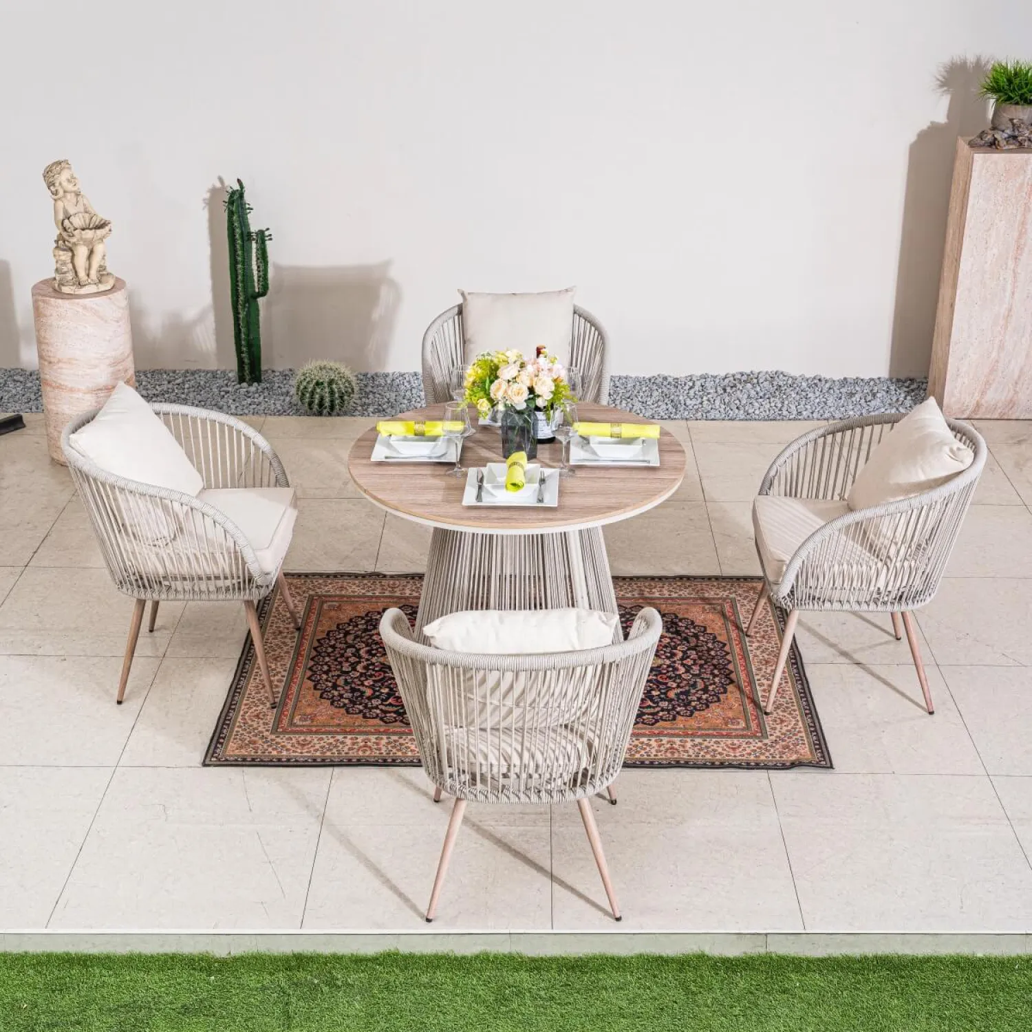 Rattan and Metal Outdoor Dining Set, 4 Seater Set, in Natural, with a Round Table & Wood-Effect Top - Image 10