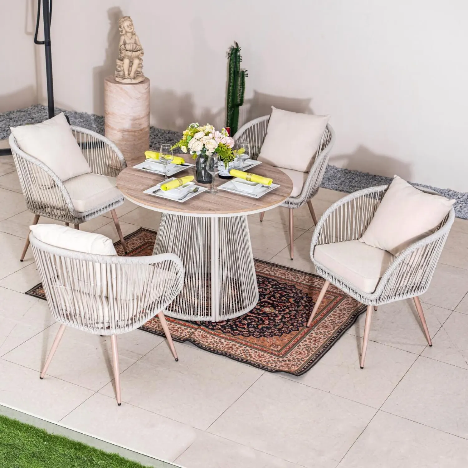 Rattan and Metal Outdoor Dining Set, 4 Seater Set, in Natural, with a Round Table & Wood-Effect Top - Image 11