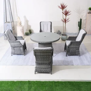 Rattan Outdoor Dining Set, 4 Seater Set, in Brown & Grey, with a Round Table & Tempered Glass Top