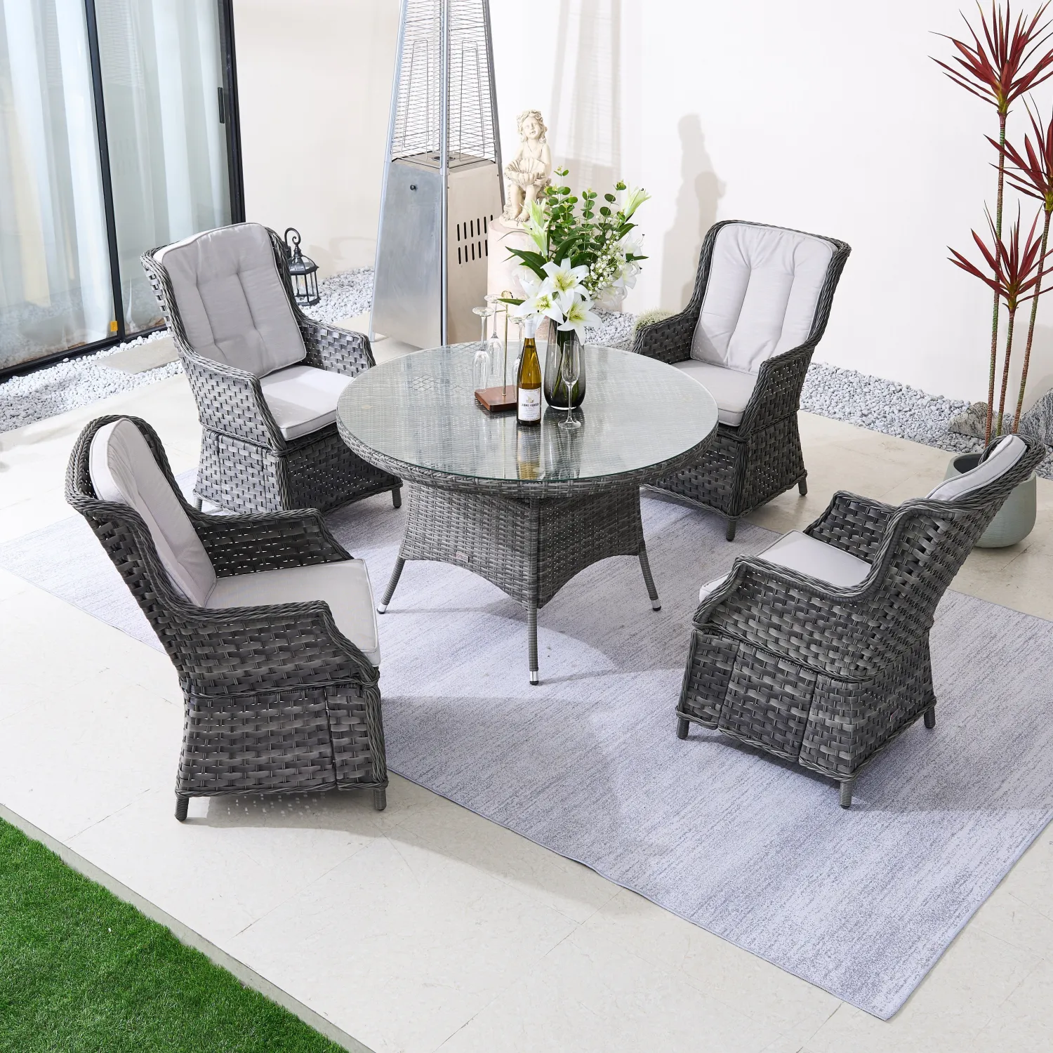 Rattan Outdoor Dining Set, 4 Seater Set, in Brown & Grey, with a Round Table & Tempered Glass Top - Image 2