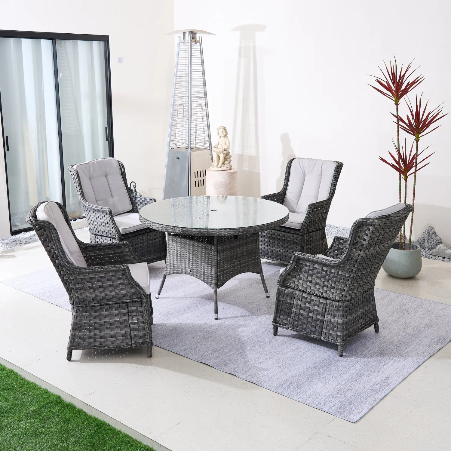 Rattan Outdoor Dining Set, 4 Seater Set, in Brown & Grey, with a Round Table & Tempered Glass Top - Image 3
