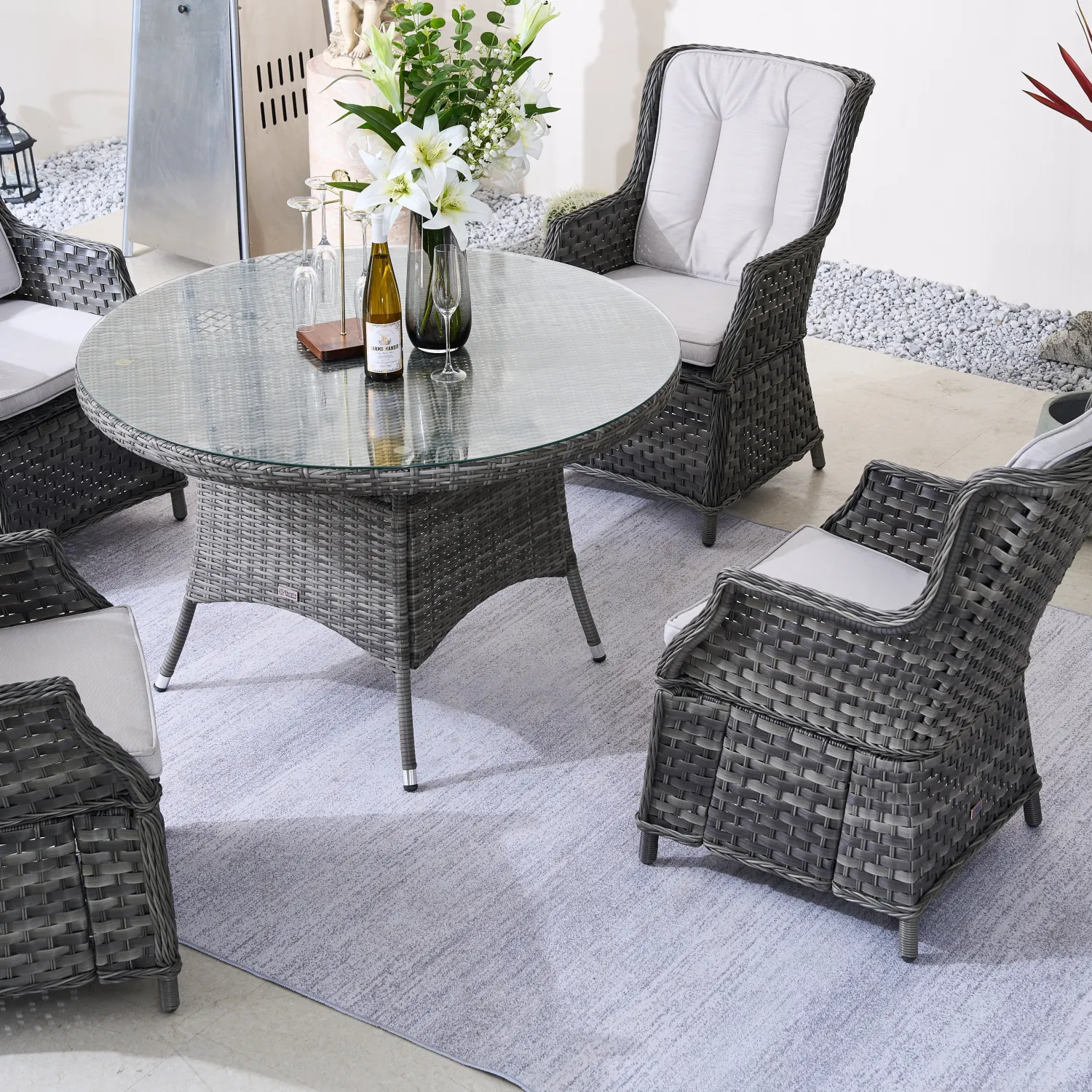Rattan Outdoor Dining Set, 4 Seater Set, in Brown & Grey, with a Round Table & Tempered Glass Top - Image 4