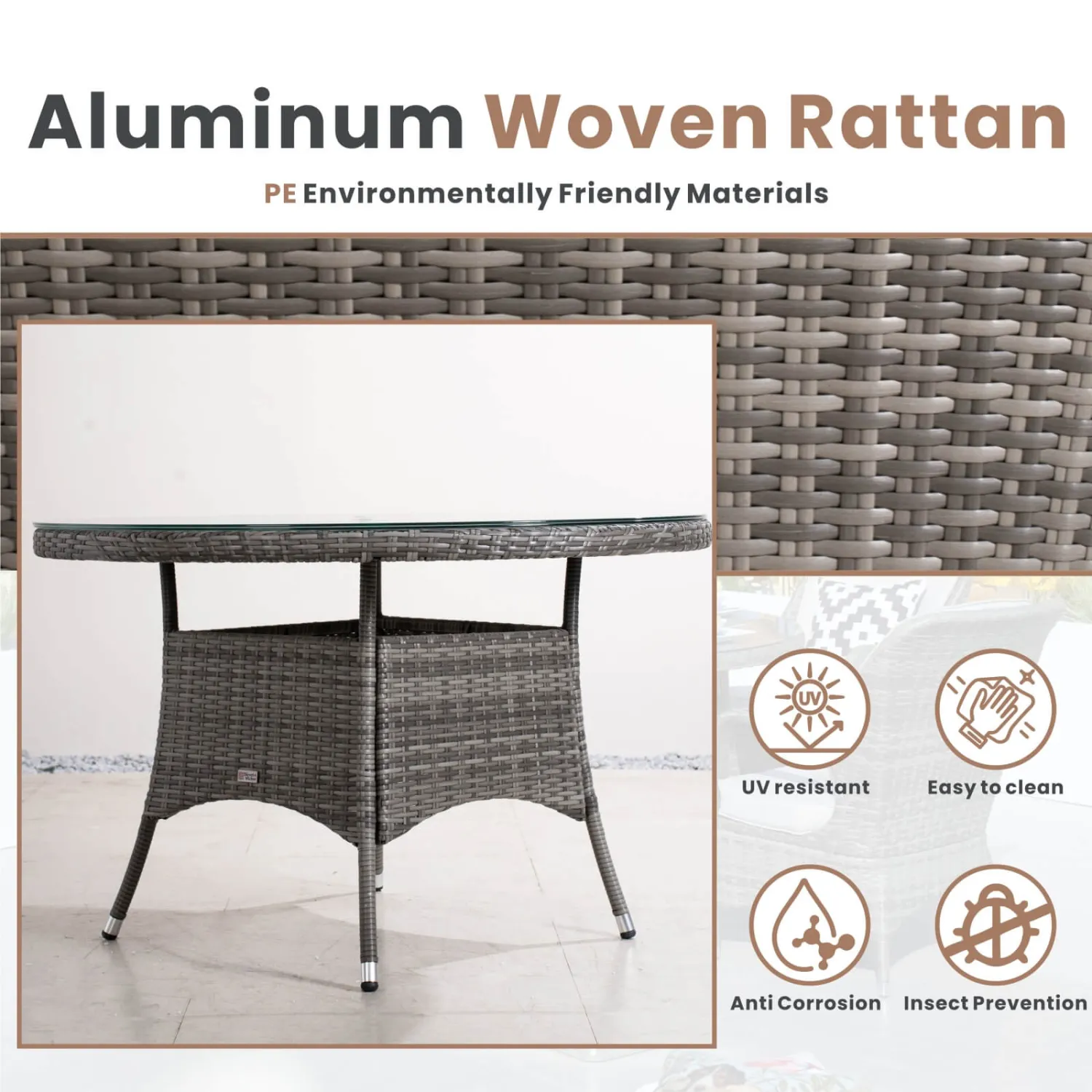 Rattan Outdoor Dining Set, 4 Seater Set, in Brown & Grey, with a Round Table & Tempered Glass Top - Image 5